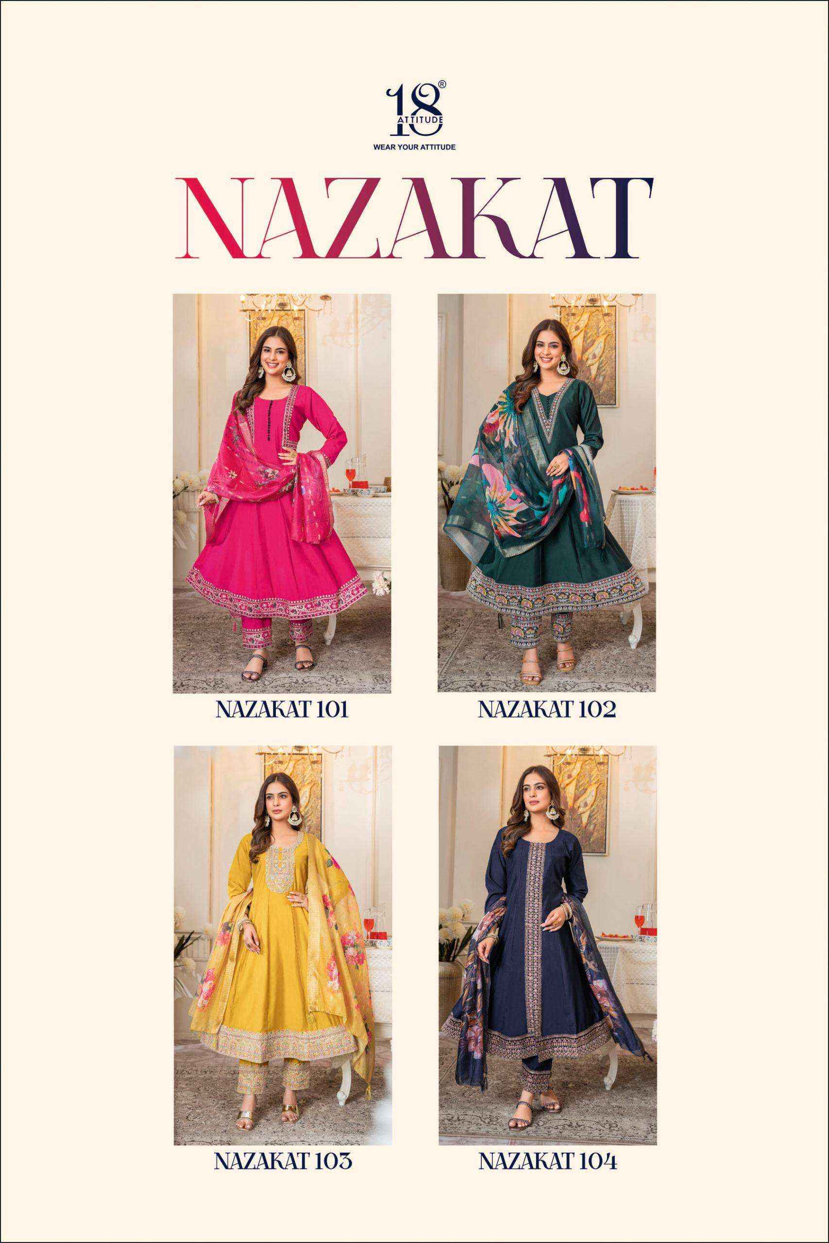 18 ATTITUDE NAZAKAT MUSLIN DESIGNER ANARKALI STYLE READY MADE LADIES DRESS WHOLESALE RATE ( 4 PCS CATALOG )