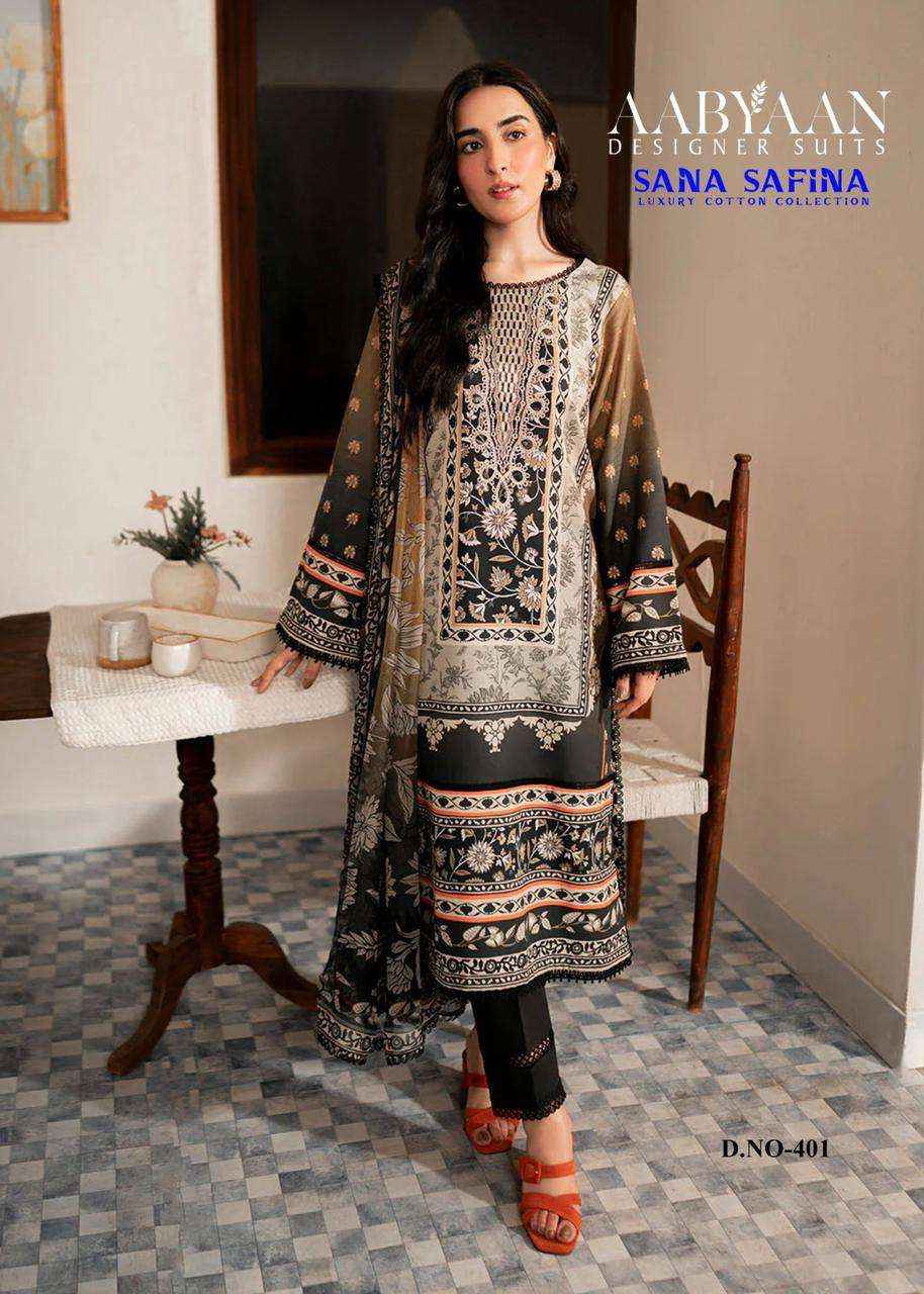 AABYAAN DESIGNER SUIT SANA SAFINA VOL 4 COTTON DIGITAL KARACHI PRINT SUIT WHOLESALE RATE ( 6 PCS CATALOG )
