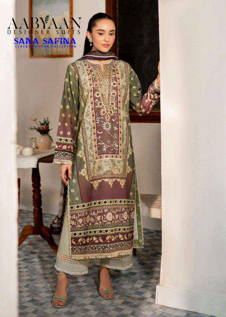 AABYAAN DESIGNER SUIT SANA SAFINA VOL 4 COTTON DIGITAL KARACHI PRINT SUIT WHOLESALE RATE ( 6 PCS CATALOG )