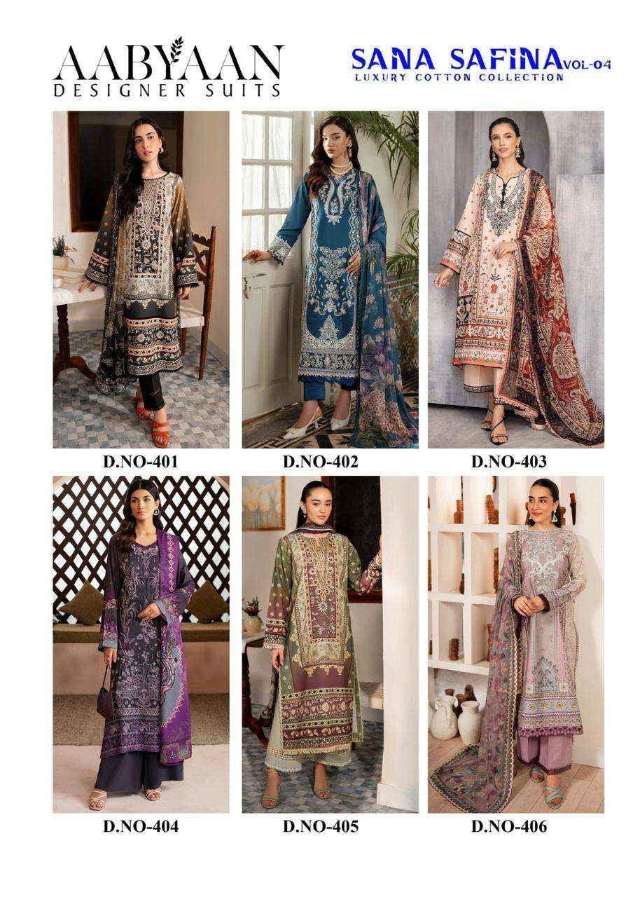 AABYAAN DESIGNER SUIT SANA SAFINA VOL 4 COTTON DIGITAL KARACHI PRINT SUIT WHOLESALE RATE ( 6 PCS CATALOG )