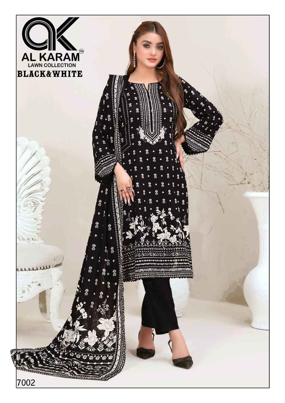 AL KARAM BLACK & WHITE VOL-7 SUITS - PURE CAMBRICE COTTON DRESS MATERIAL AT WHOLESALE PRICE ( 6 PCS CATALOG )