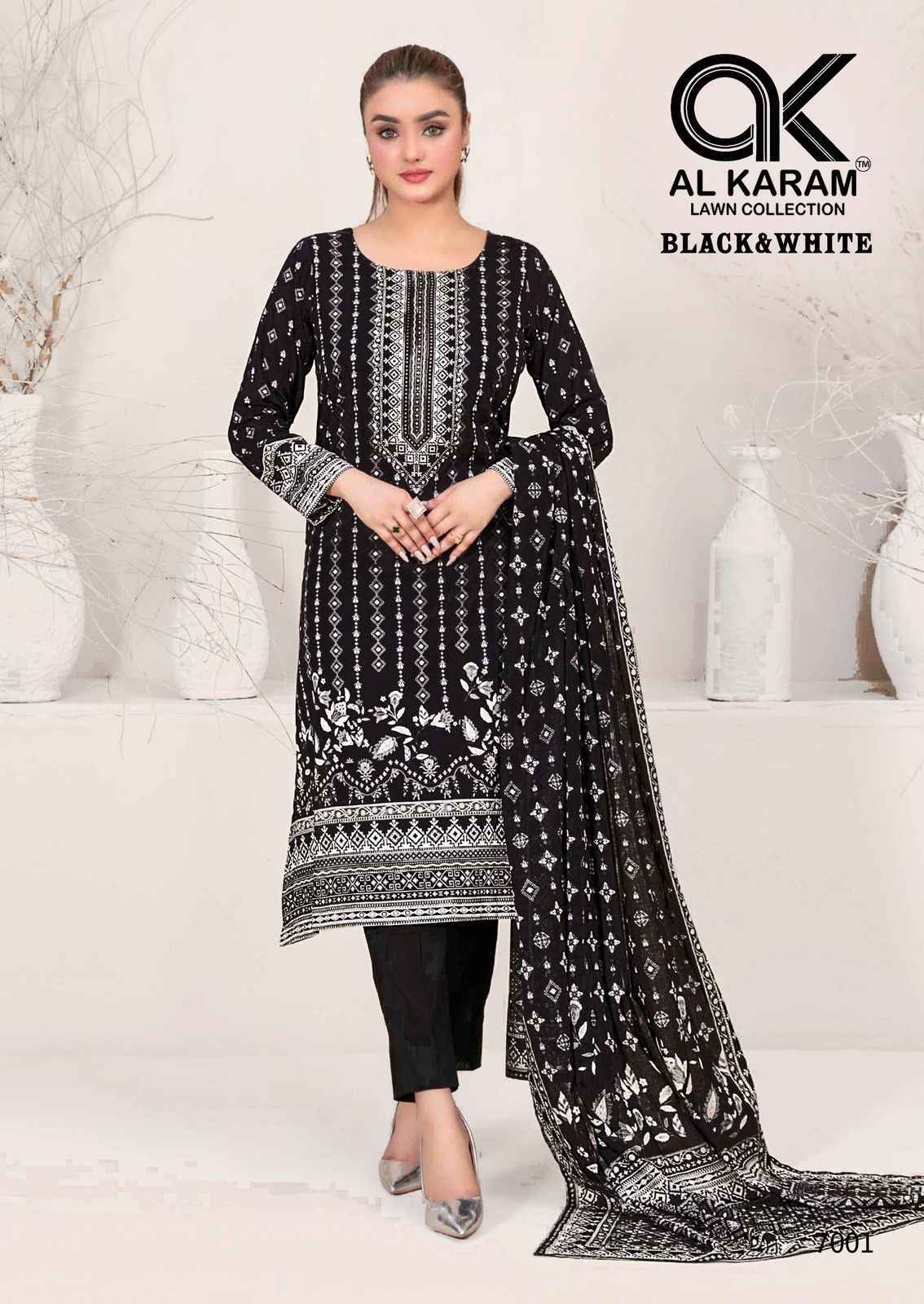 AL KARAM BLACK & WHITE VOL-7 SUITS - PURE CAMBRICE COTTON DRESS MATERIAL AT WHOLESALE PRICE ( 6 PCS CATALOG )