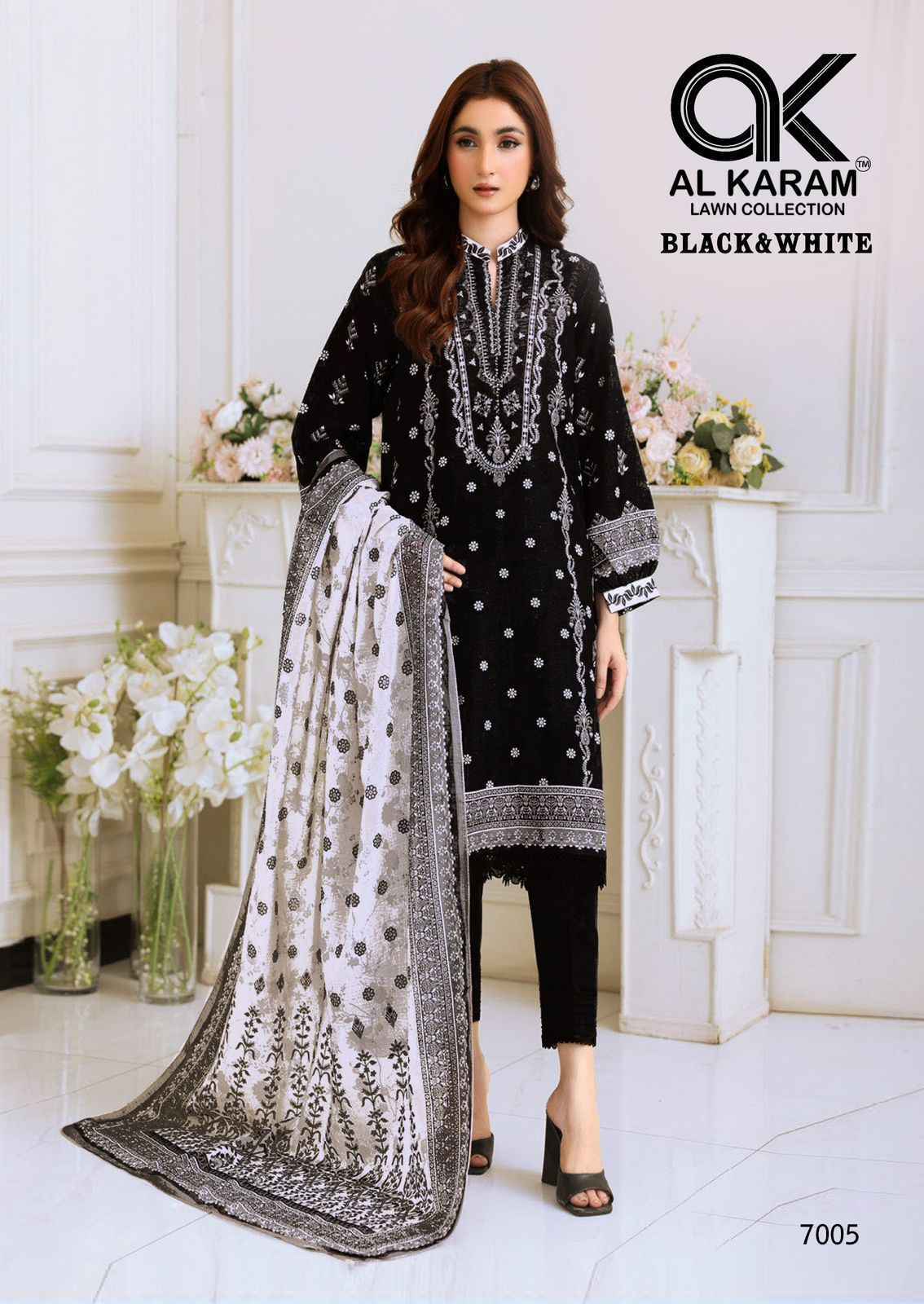 AL KARAM BLACK & WHITE VOL-7 SUITS - PURE CAMBRICE COTTON DRESS MATERIAL AT WHOLESALE PRICE ( 6 PCS CATALOG )