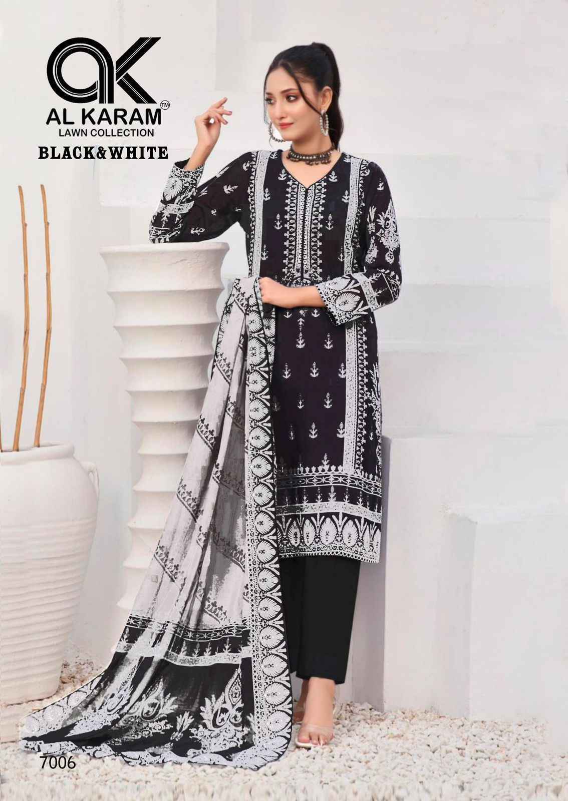 AL KARAM BLACK & WHITE VOL-7 SUITS - PURE CAMBRICE COTTON DRESS MATERIAL AT WHOLESALE PRICE ( 6 PCS CATALOG )