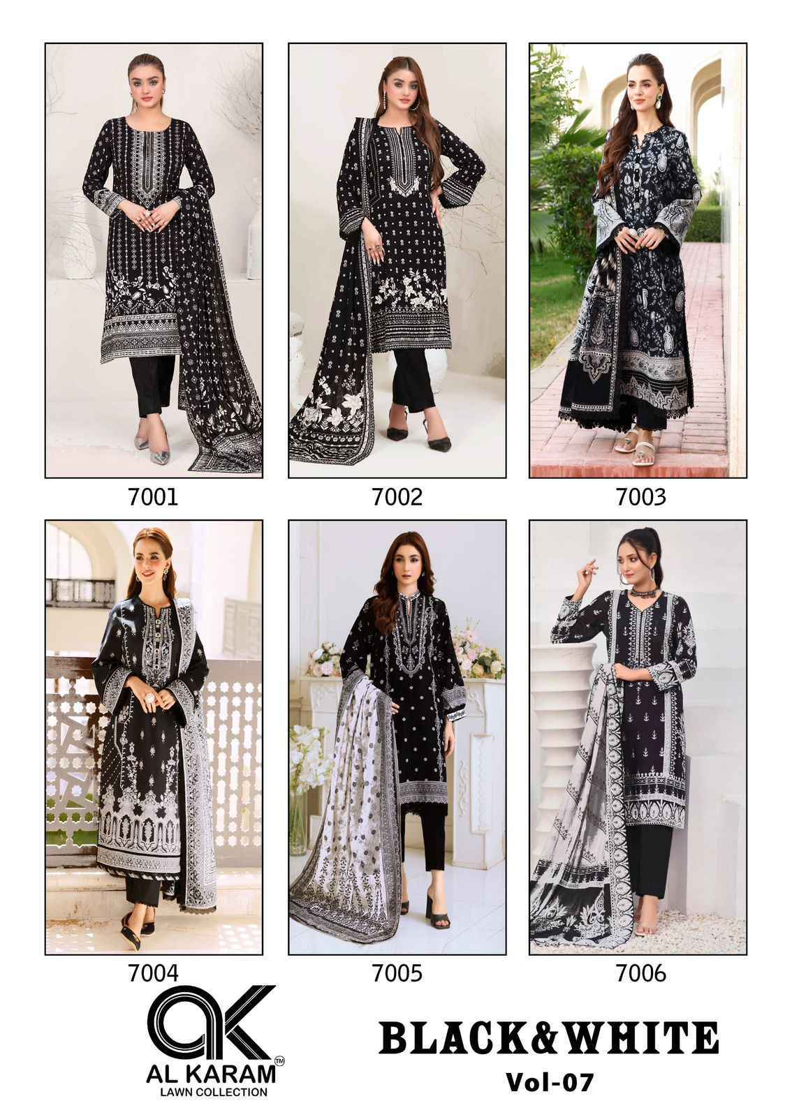 AL KARAM BLACK & WHITE VOL-7 SUITS - PURE CAMBRICE COTTON DRESS MATERIAL AT WHOLESALE PRICE ( 6 PCS CATALOG )