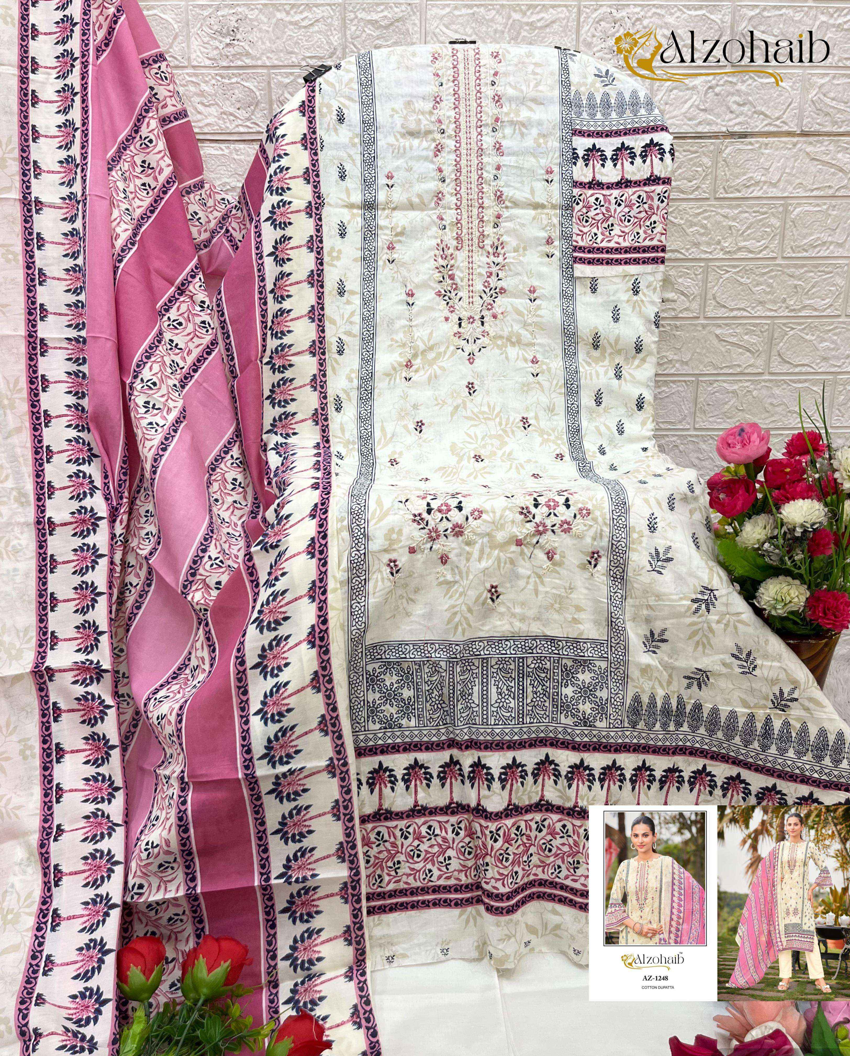 AL ZOHAIB DESIGN NO - 1210-1211-1248-1249-1250 PURE COTTON PRINT HEAVY SELF WORK PAKISTANI SALWAR SUIT WHOLESALE PRICE ( 5 PCS CATALOG )