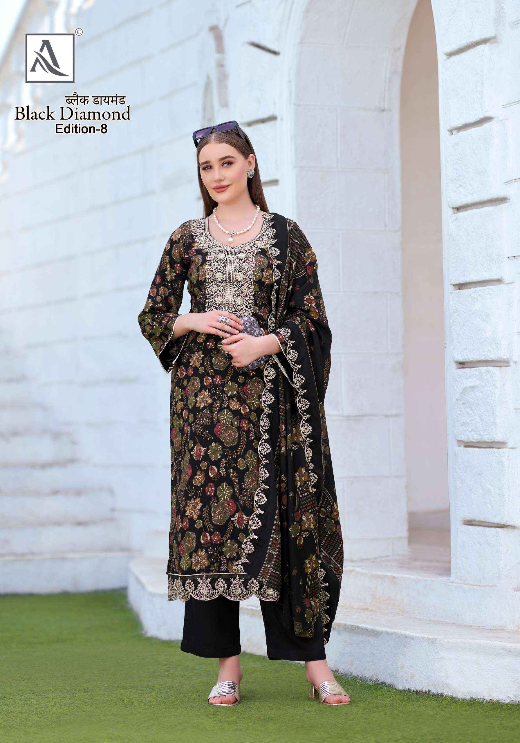 ALOK SUITS BLACK DIAMOND EDITION 8 RAYON PRINT WITH FANCY EMBROIDERY WORK SUIT WHOLESALE RATE ( 6 PCS CATALOG )