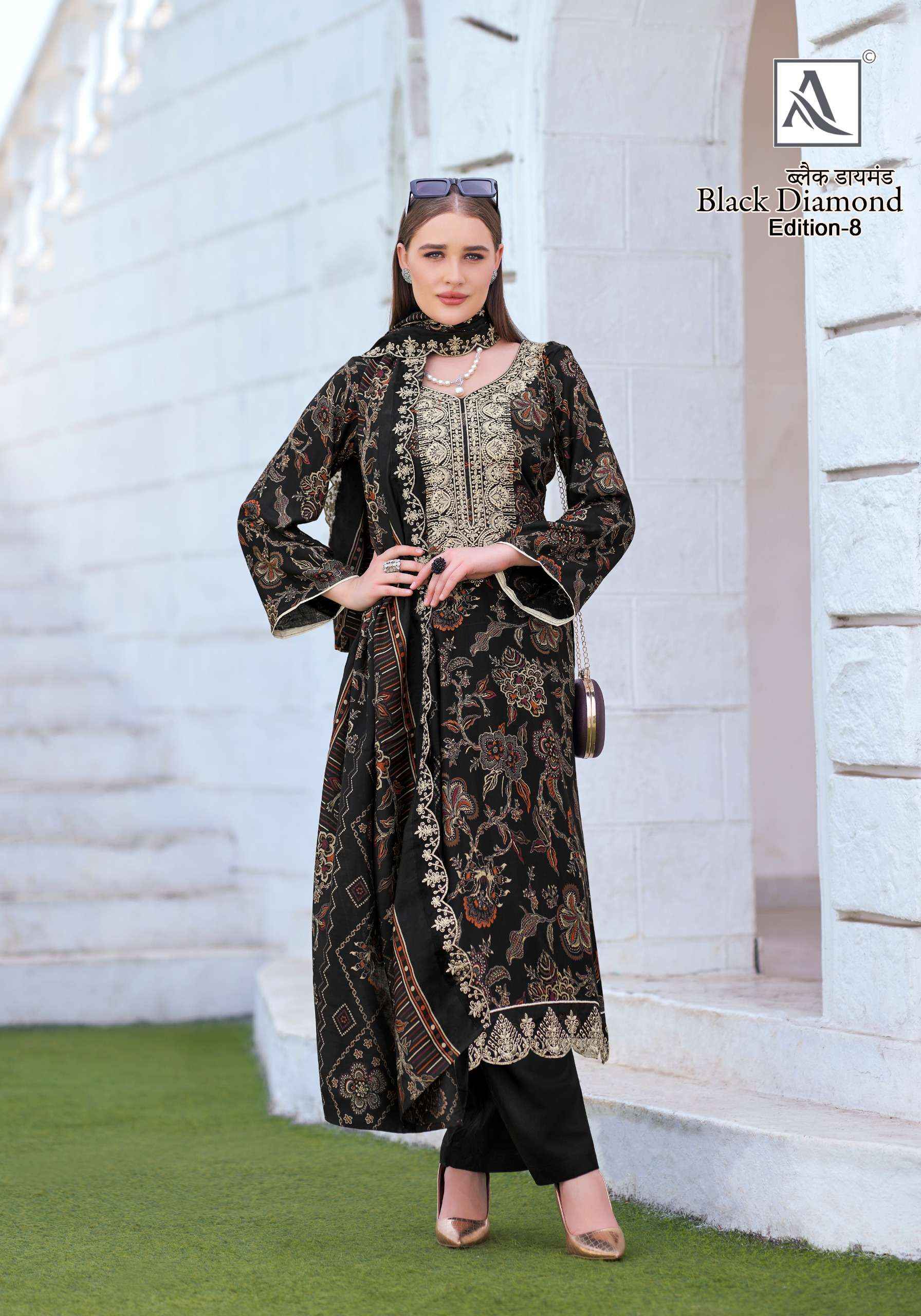 ALOK SUITS BLACK DIAMOND EDITION 8 RAYON PRINT WITH FANCY EMBROIDERY WORK SUIT WHOLESALE RATE ( 6 PCS CATALOG )