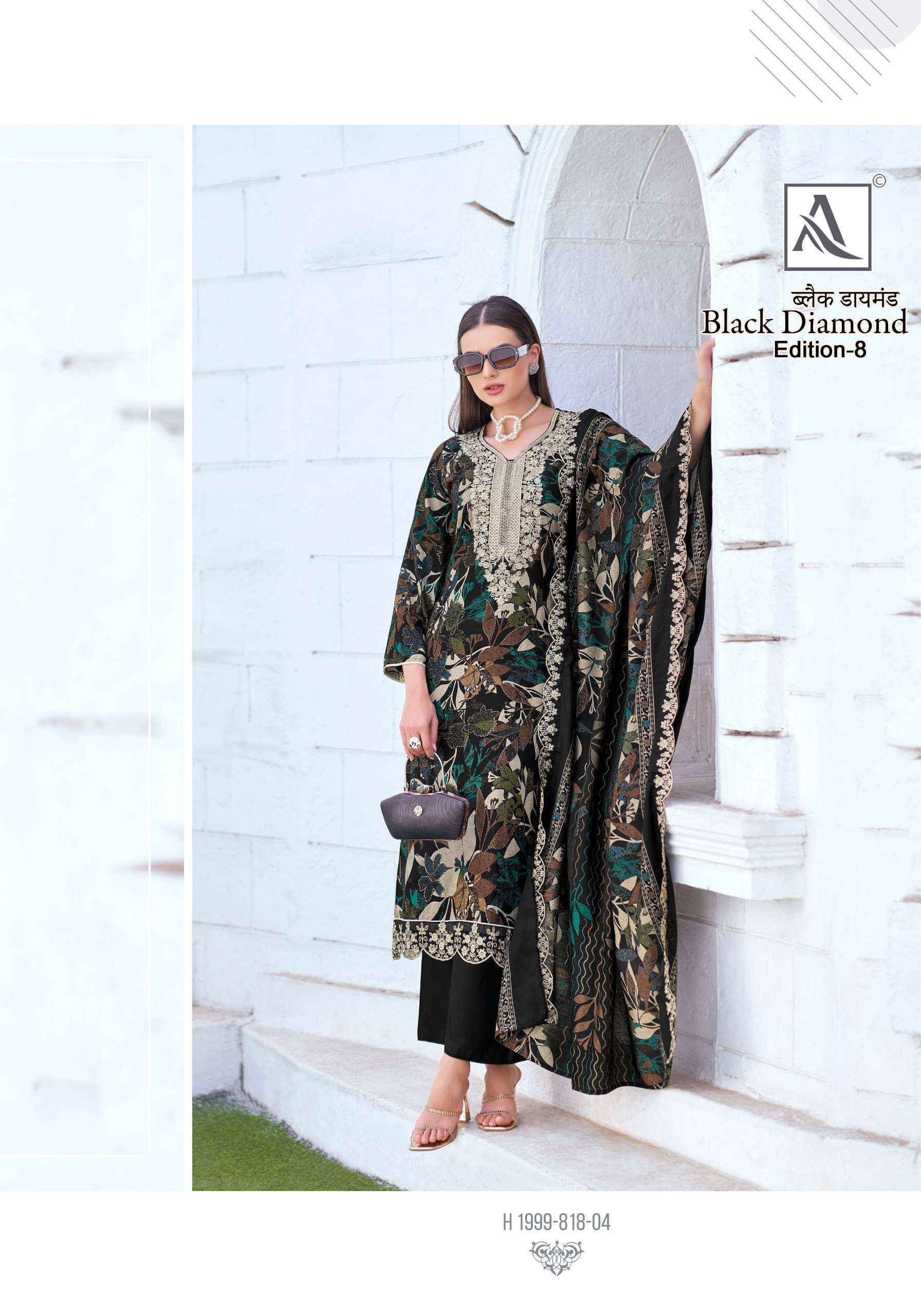 ALOK SUITS BLACK DIAMOND EDITION 8 RAYON PRINT WITH FANCY EMBROIDERY WORK SUIT WHOLESALE RATE ( 6 PCS CATALOG )