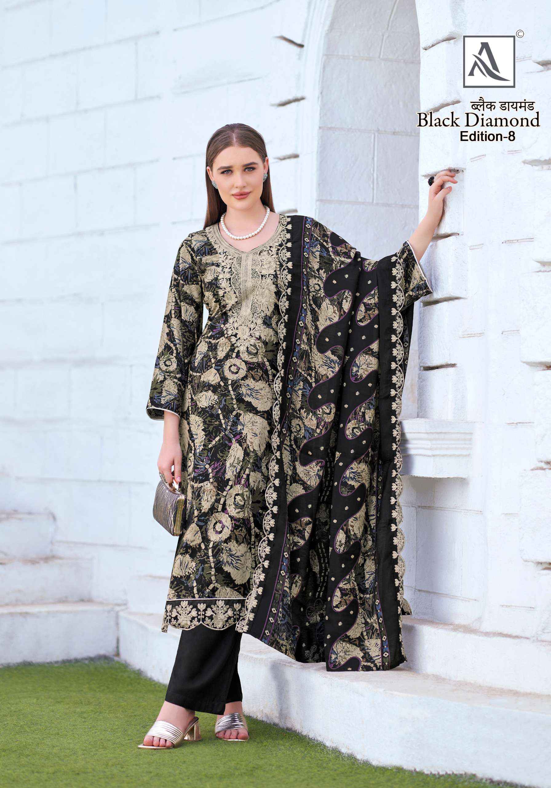 ALOK SUITS BLACK DIAMOND EDITION 8 RAYON PRINT WITH FANCY EMBROIDERY WORK SUIT WHOLESALE RATE ( 6 PCS CATALOG )