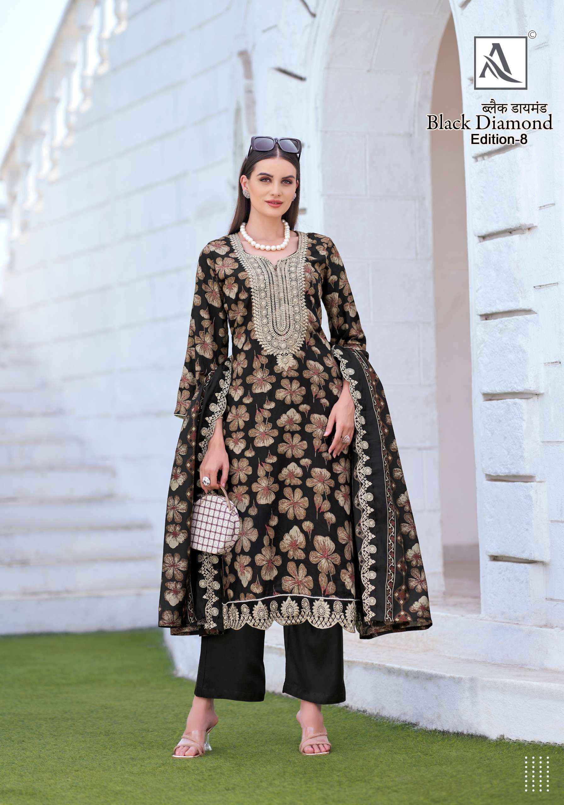 ALOK SUITS BLACK DIAMOND EDITION 8 RAYON PRINT WITH FANCY EMBROIDERY WORK SUIT WHOLESALE RATE ( 6 PCS CATALOG )