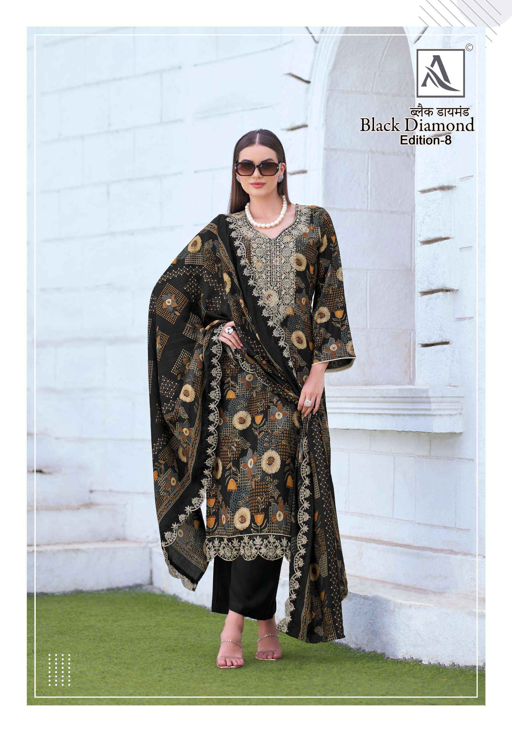 ALOK SUITS BLACK DIAMOND EDITION 8 RAYON PRINT WITH FANCY EMBROIDERY WORK SUIT WHOLESALE RATE ( 6 PCS CATALOG )