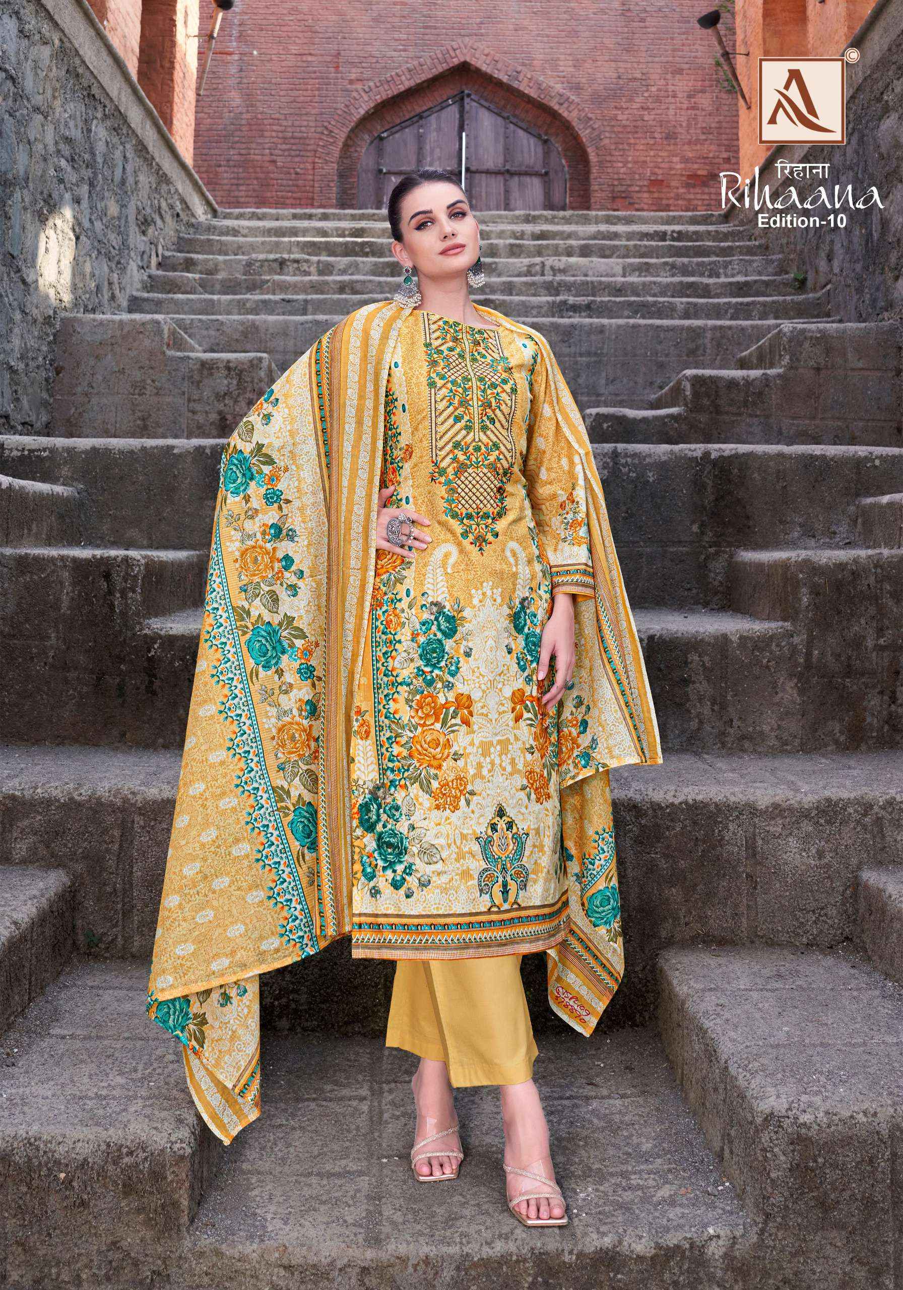 ALOK SUITS RIHAANA VOL 10 COTTON PRINT WITH FANCY EMBROIDERY DRESS WHOLESALE PRICE ( 8 PCS CATALOG )