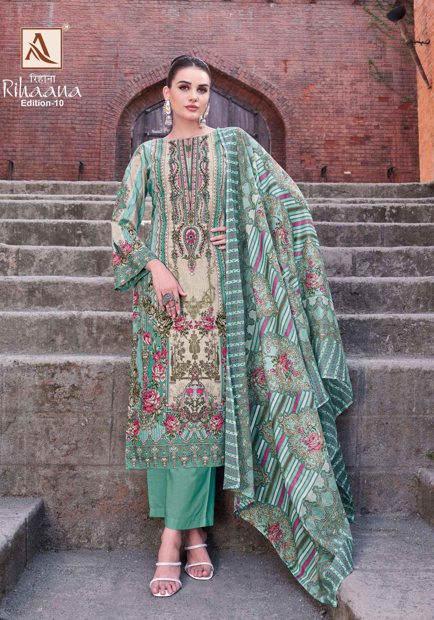 ALOK SUITS RIHAANA VOL 10 COTTON PRINT WITH FANCY EMBROIDERY DRESS WHOLESALE PRICE ( 8 PCS CATALOG )