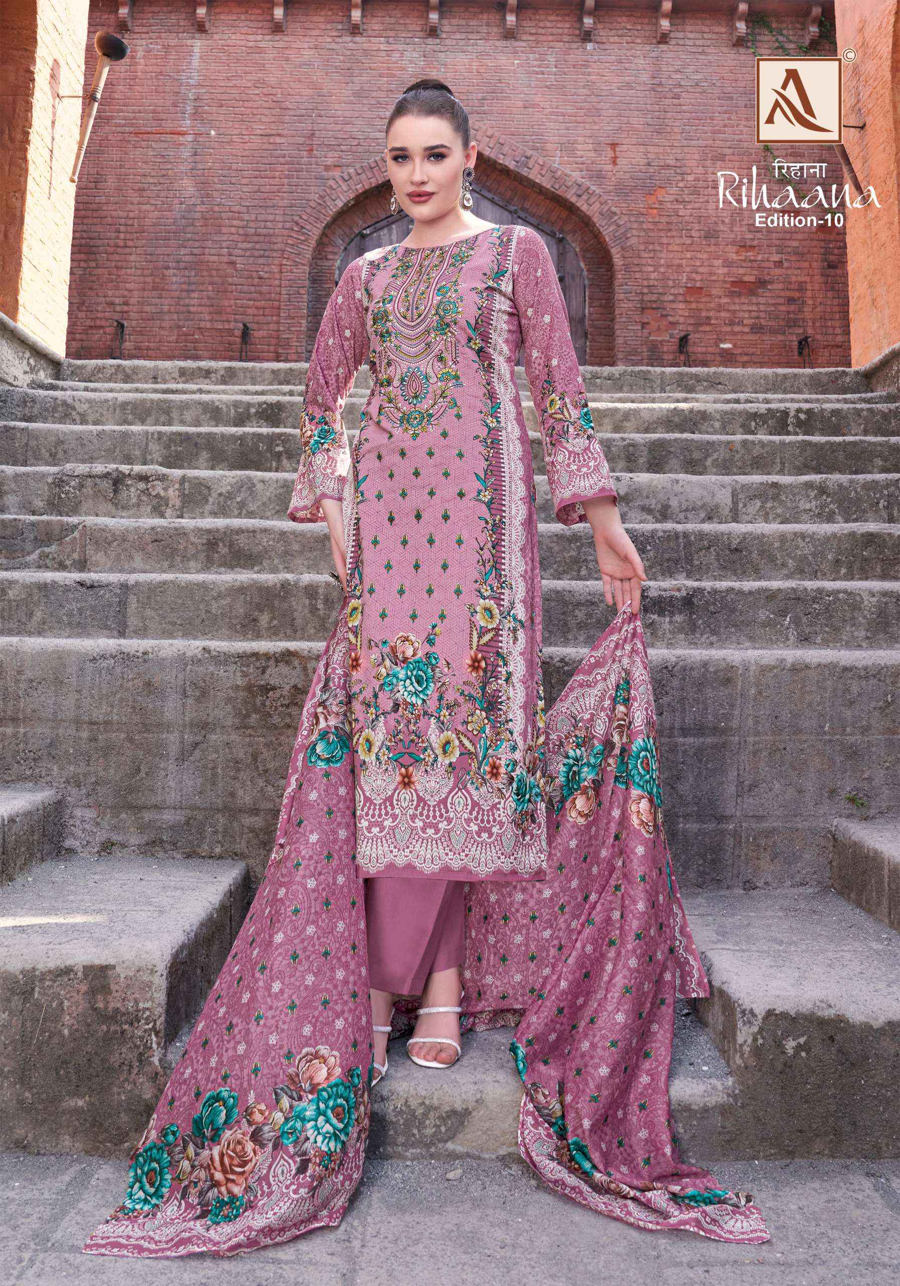 ALOK SUITS RIHAANA VOL 10 COTTON PRINT WITH FANCY EMBROIDERY DRESS WHOLESALE PRICE ( 8 PCS CATALOG )