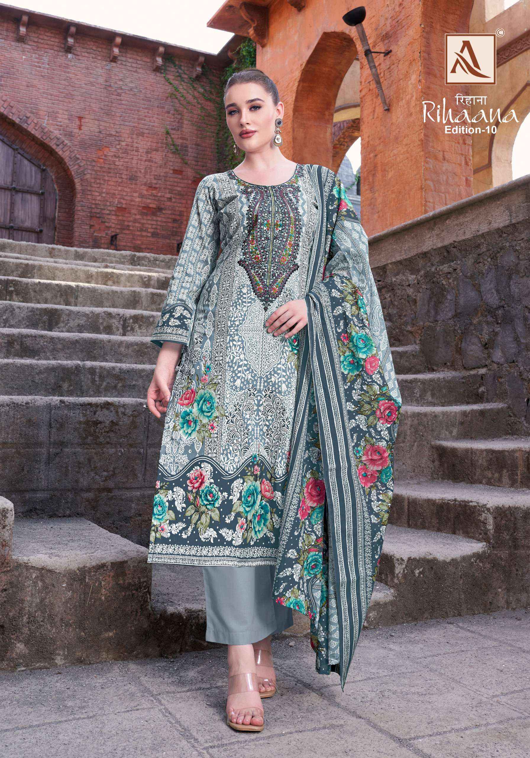 ALOK SUITS RIHAANA VOL 10 COTTON PRINT WITH FANCY EMBROIDERY DRESS WHOLESALE PRICE ( 8 PCS CATALOG )