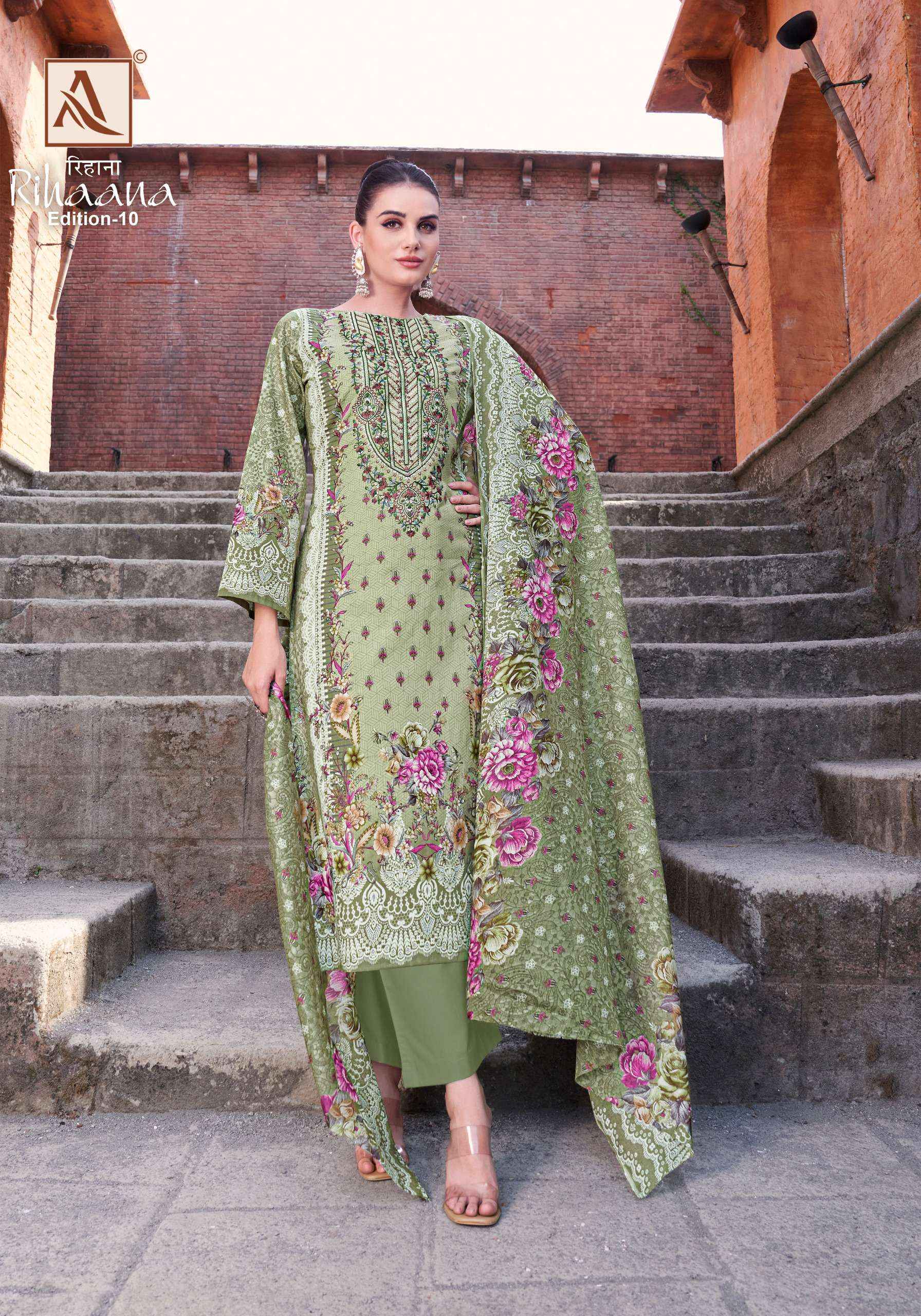 ALOK SUITS RIHAANA VOL 10 COTTON PRINT WITH FANCY EMBROIDERY DRESS WHOLESALE PRICE ( 8 PCS CATALOG )