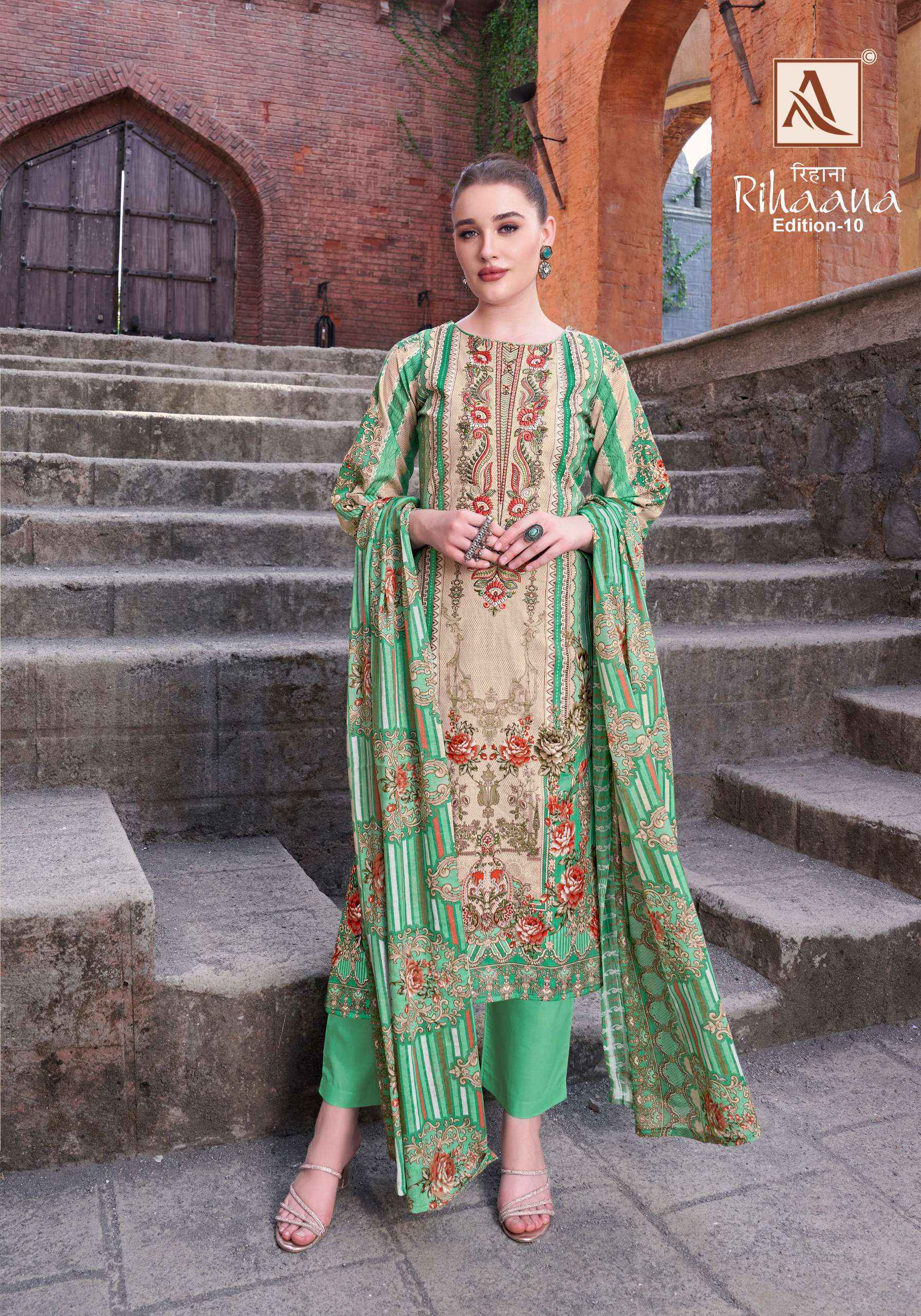 ALOK SUITS RIHAANA VOL 10 COTTON PRINT WITH FANCY EMBROIDERY DRESS WHOLESALE PRICE ( 8 PCS CATALOG )