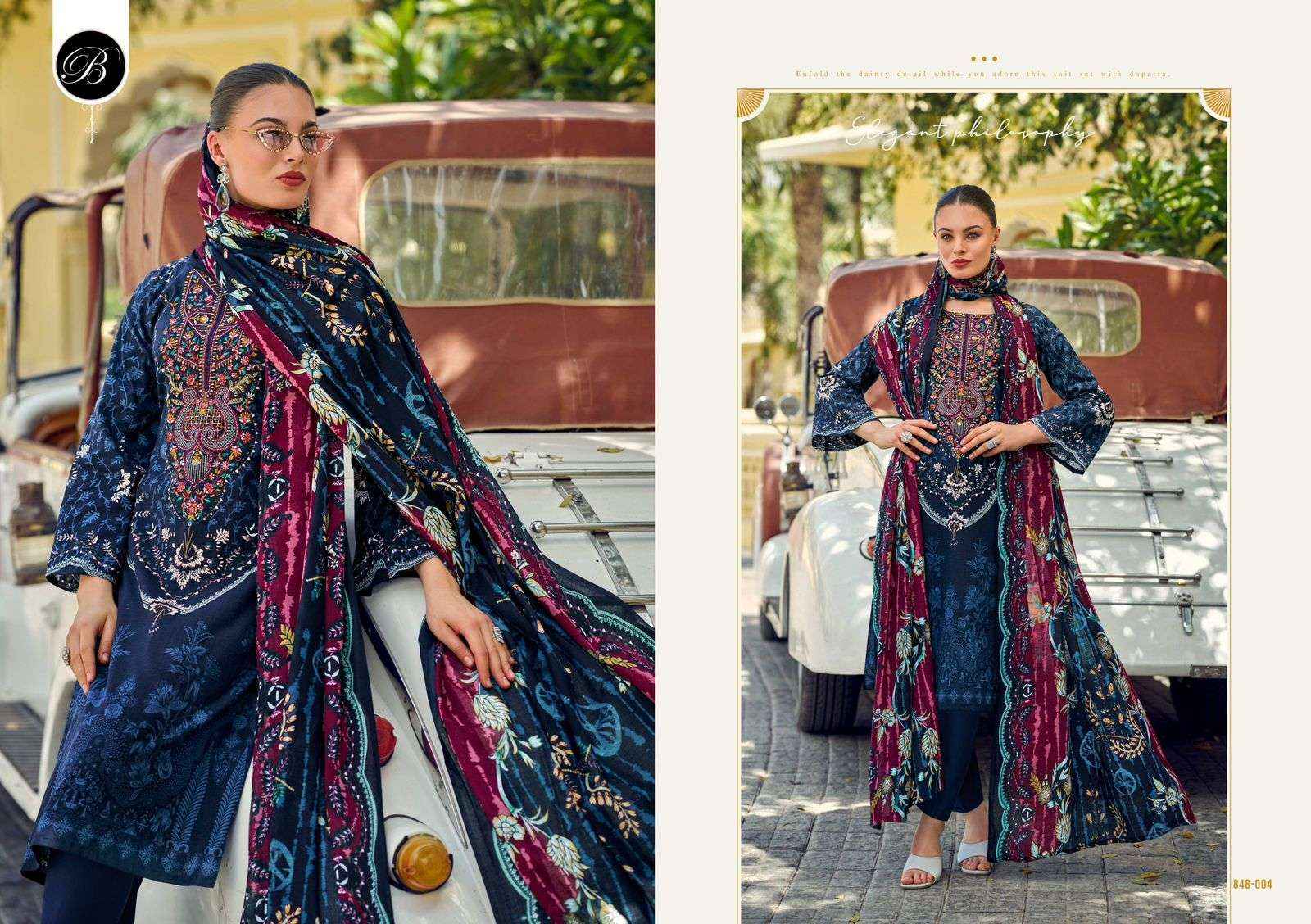 BELLIZA DESIGNER STUDIO NAIRA VOL 106 COTTON PRINT WITH FANCY WORK SUIT  WHOLESALE RATE ( 8 PCS CATALOG )