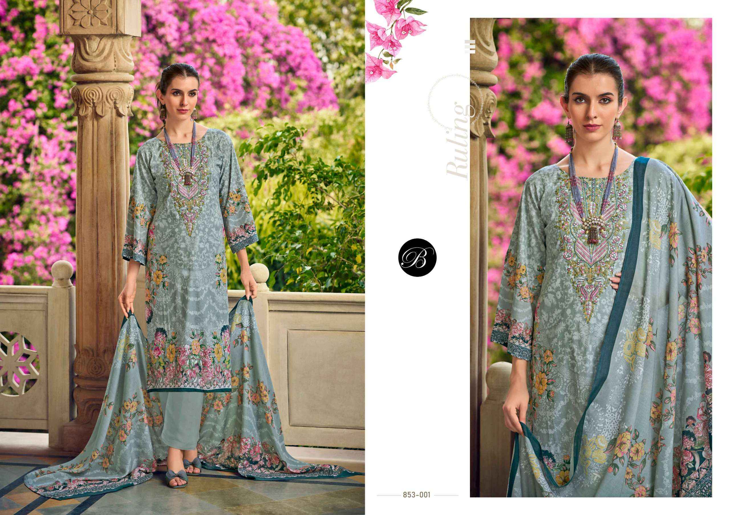 BELLIZA DESIGNER STUDIO NAIRA VOL 107 COTTON PRINT WITH FANCY WORK SUIT WHOLESALE RATE ( 8 PCS CATALOG )