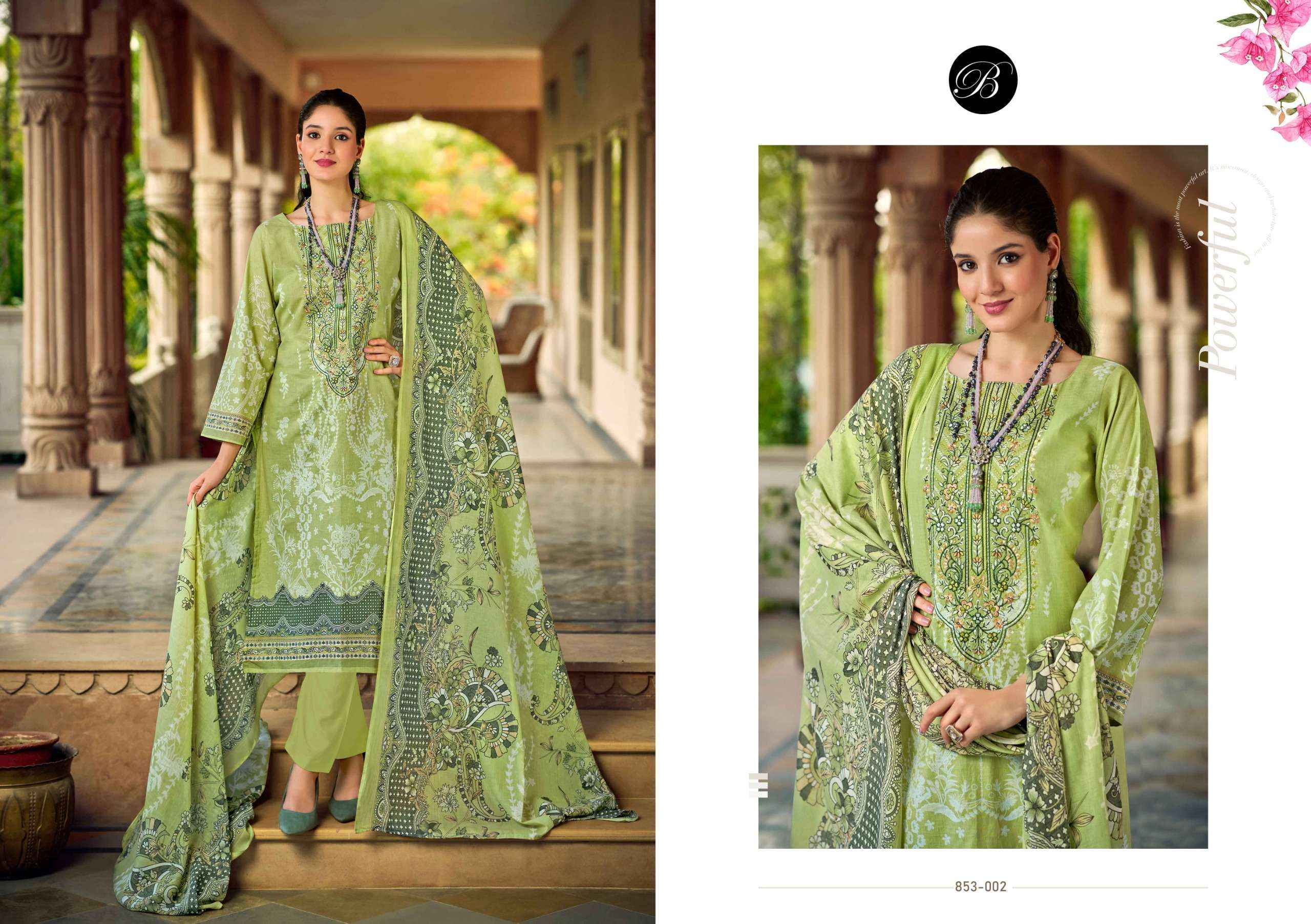 BELLIZA DESIGNER STUDIO NAIRA VOL 107 COTTON PRINT WITH FANCY WORK SUIT WHOLESALE RATE ( 8 PCS CATALOG )