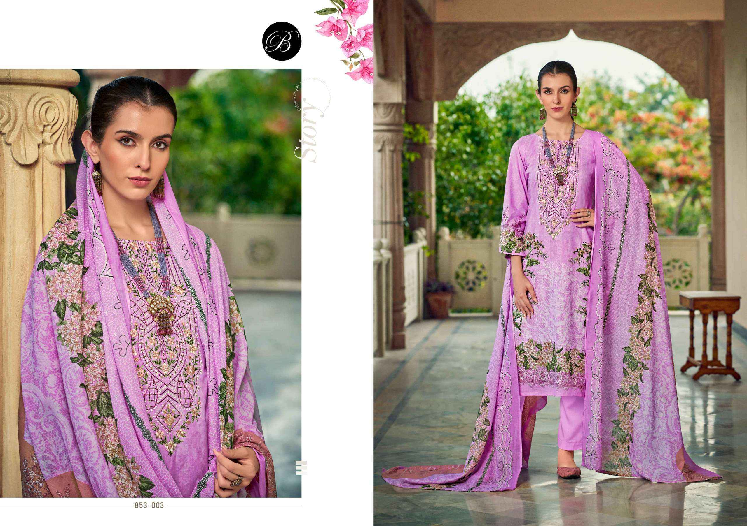 BELLIZA DESIGNER STUDIO NAIRA VOL 107 COTTON PRINT WITH FANCY WORK SUIT WHOLESALE RATE ( 8 PCS CATALOG )