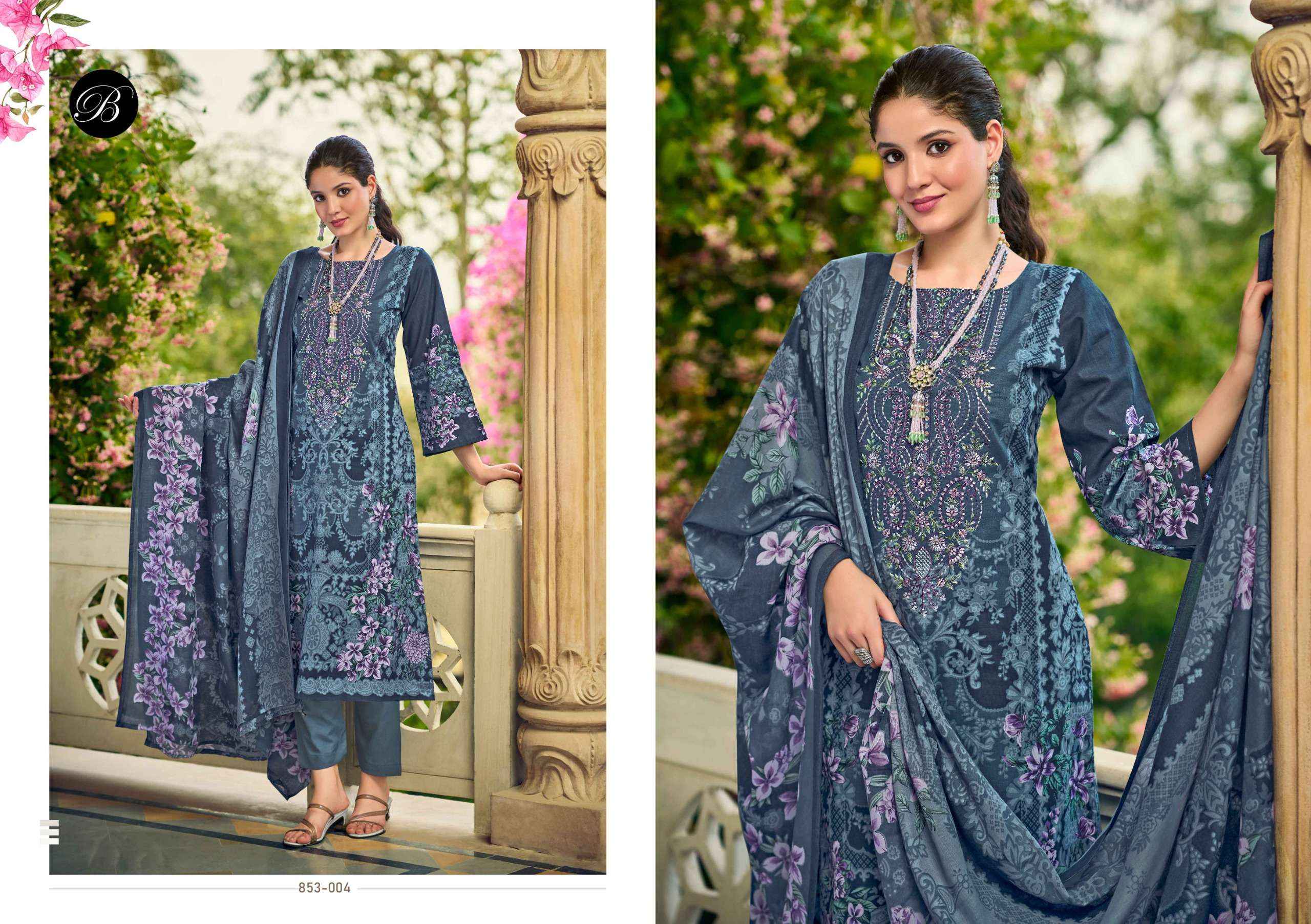 BELLIZA DESIGNER STUDIO NAIRA VOL 107 COTTON PRINT WITH FANCY WORK SUIT WHOLESALE RATE ( 8 PCS CATALOG )