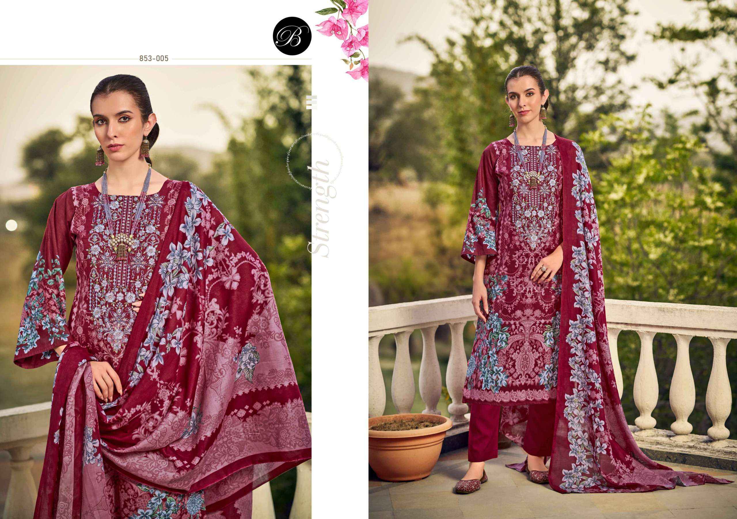 BELLIZA DESIGNER STUDIO NAIRA VOL 107 COTTON PRINT WITH FANCY WORK SUIT WHOLESALE RATE ( 8 PCS CATALOG )