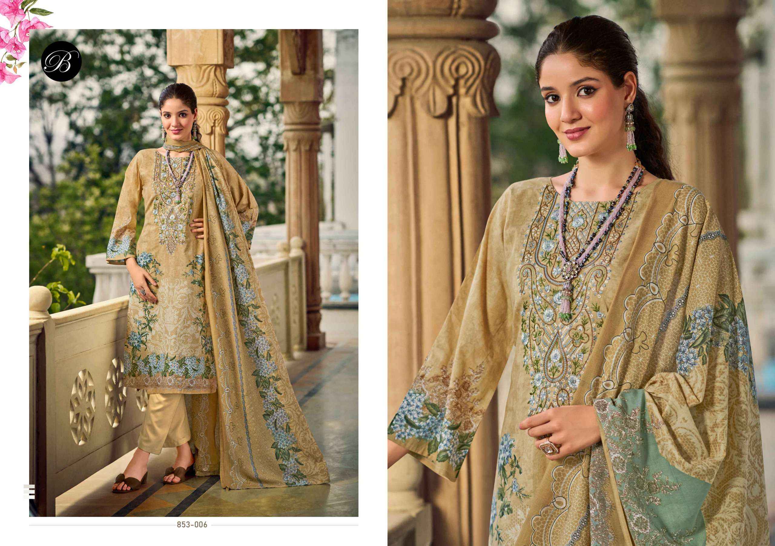BELLIZA DESIGNER STUDIO NAIRA VOL 107 COTTON PRINT WITH FANCY WORK SUIT WHOLESALE RATE ( 8 PCS CATALOG )