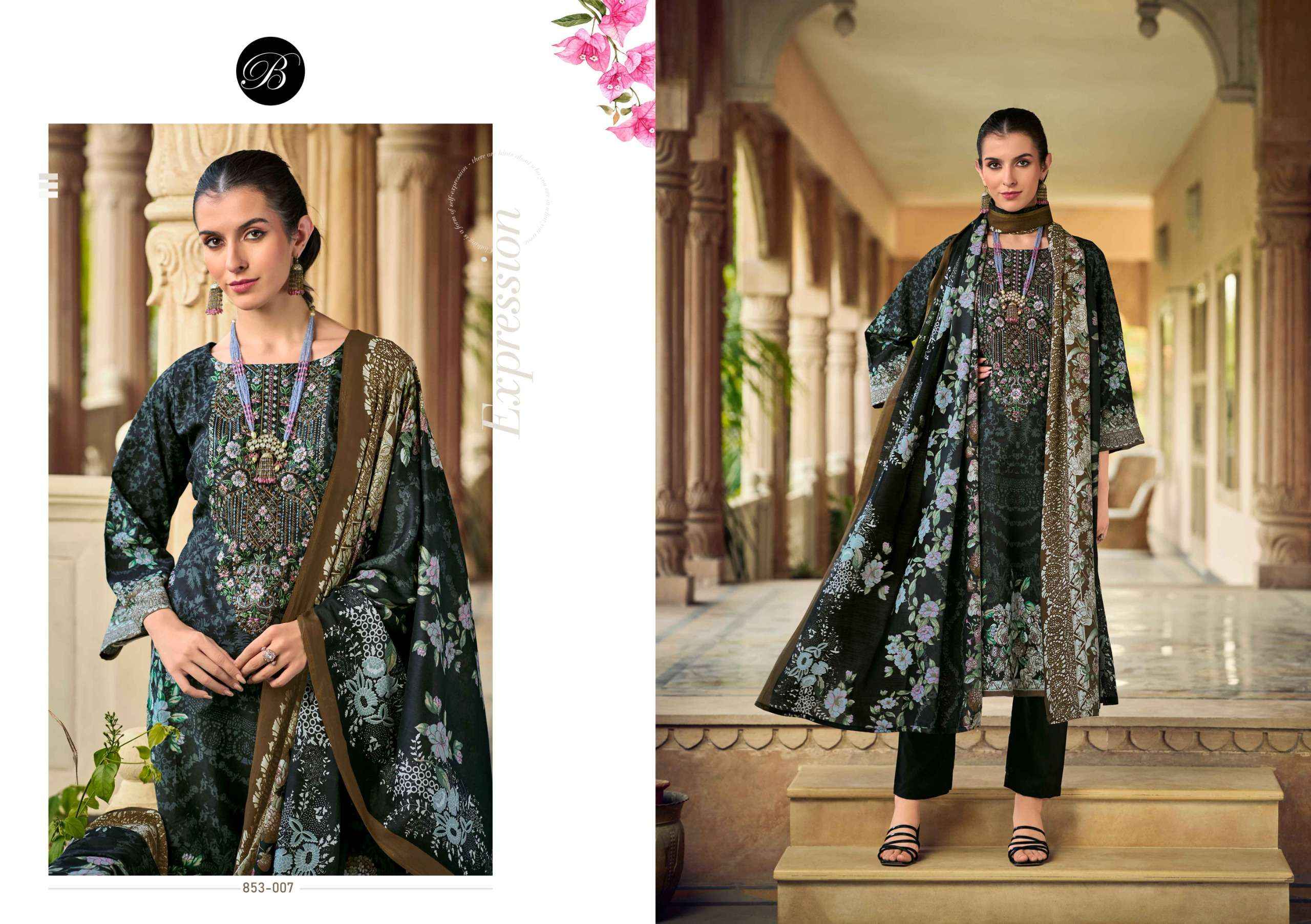 BELLIZA DESIGNER STUDIO NAIRA VOL 107 COTTON PRINT WITH FANCY WORK SUIT WHOLESALE RATE ( 8 PCS CATALOG )
