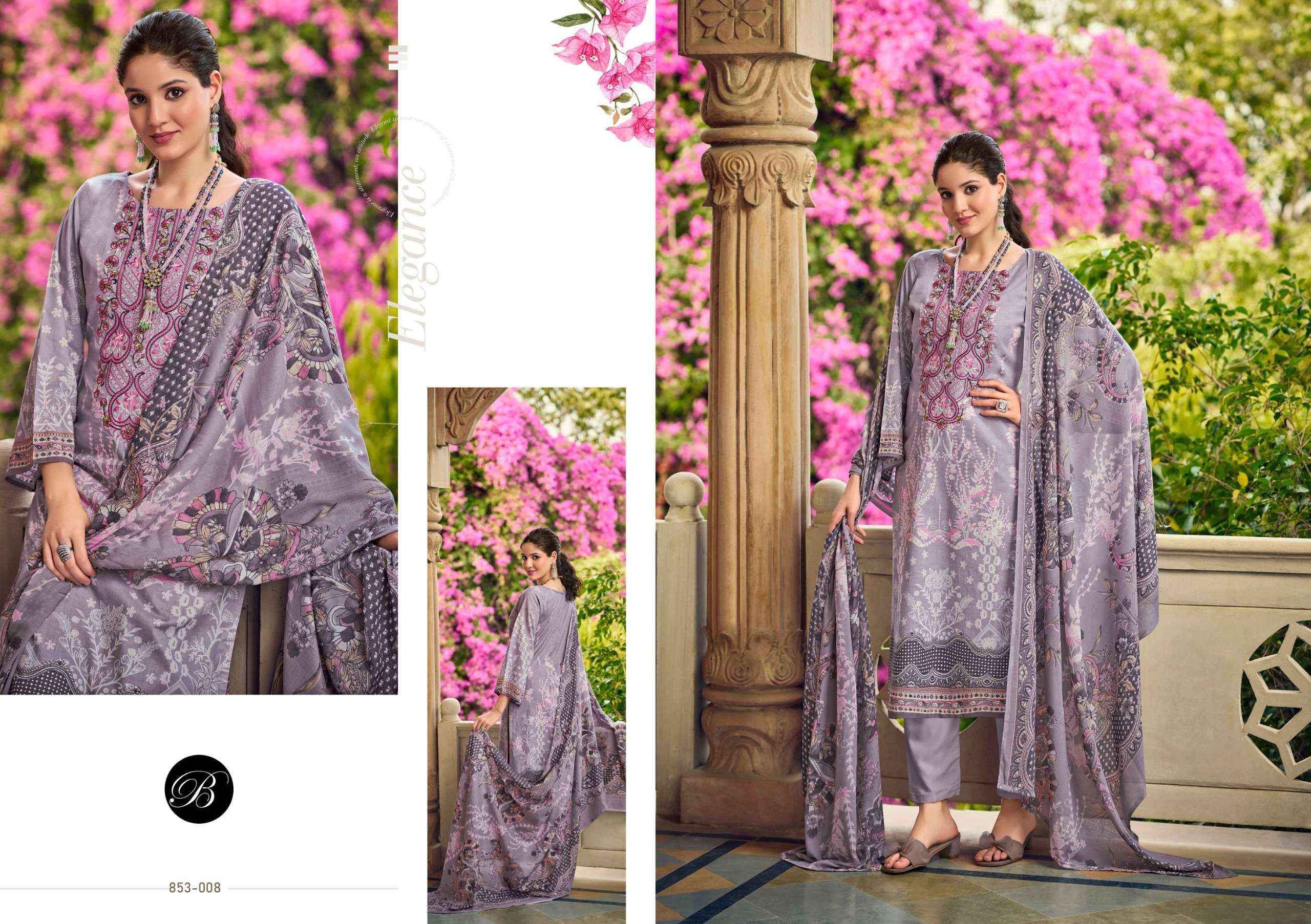 BELLIZA DESIGNER STUDIO NAIRA VOL 107 COTTON PRINT WITH FANCY WORK SUIT WHOLESALE RATE ( 8 PCS CATALOG )