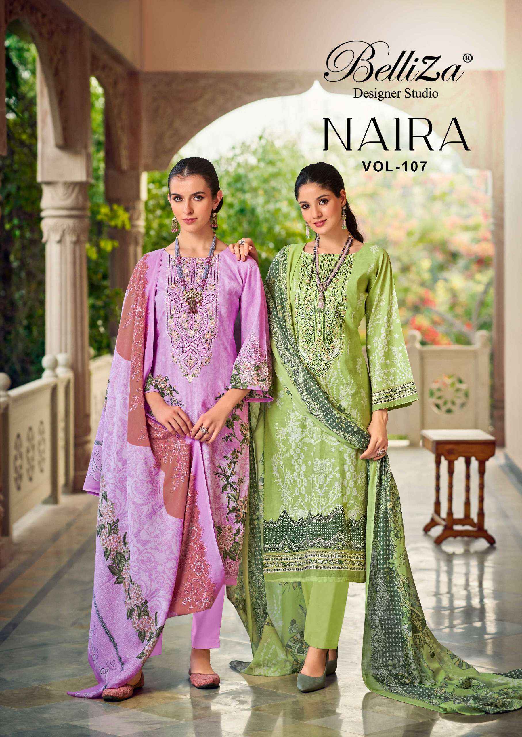 BELLIZA DESIGNER STUDIO NAIRA VOL 107 COTTON PRINT WITH FANCY WORK SUIT WHOLESALE RATE ( 8 PCS CATALOG )