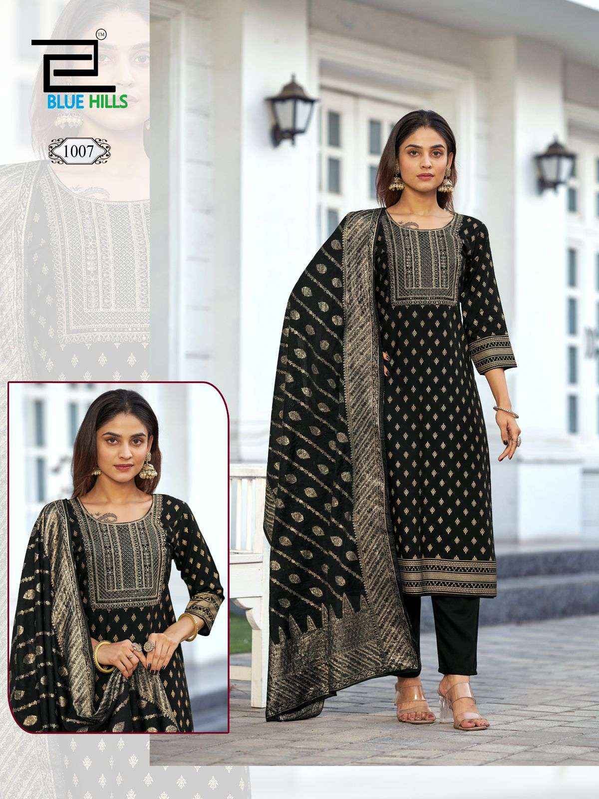 BLUE HILLS MADHURI RAYON FANCY EMBROIDERY WORKS LADIES READYMADE SUIT WHOLESALE RATE ( 8 PCS CATALOG )
