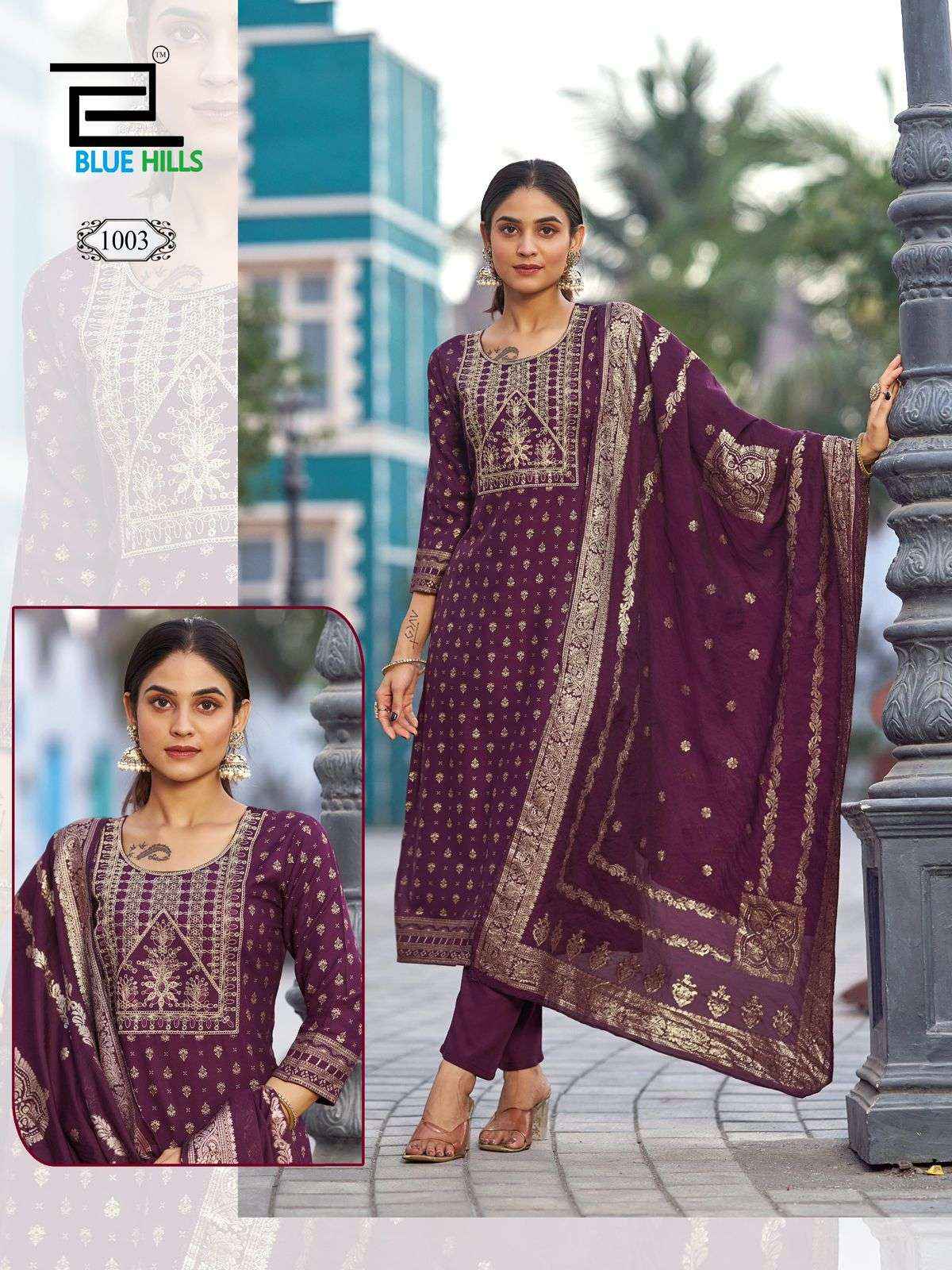 BLUE HILLS MADHURI RAYON FANCY EMBROIDERY WORKS LADIES READYMADE SUIT WHOLESALE RATE ( 8 PCS CATALOG )