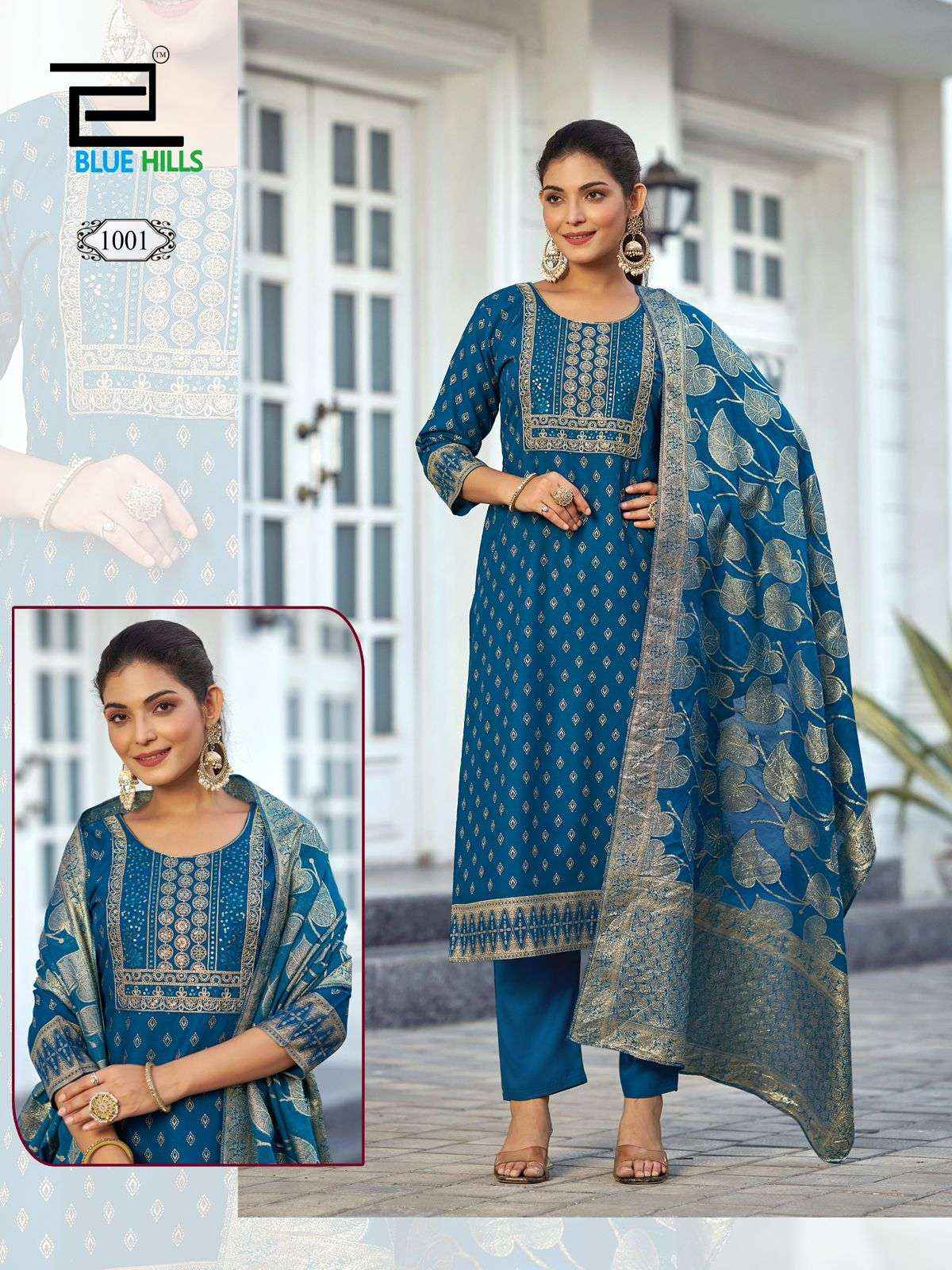 BLUE HILLS MADHURI RAYON FANCY EMBROIDERY WORKS LADIES READYMADE SUIT WHOLESALE RATE ( 8 PCS CATALOG )
