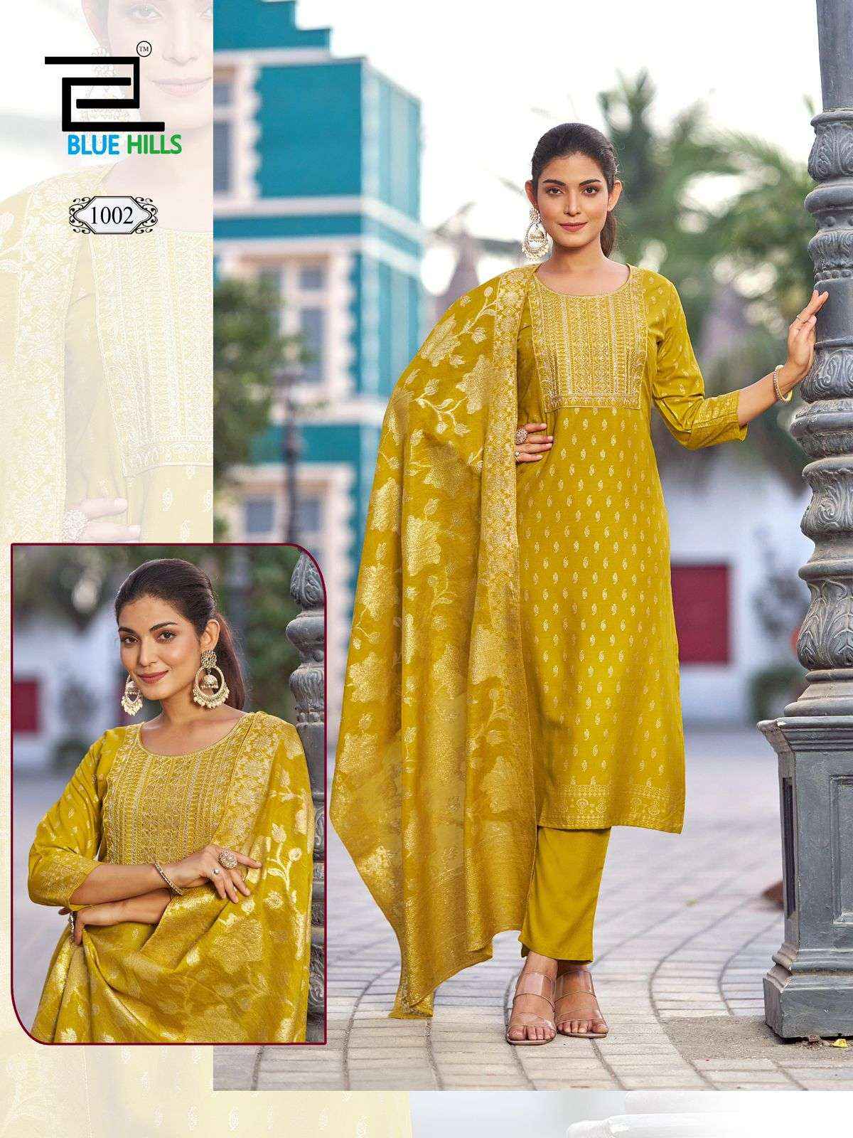 BLUE HILLS MADHURI RAYON FANCY EMBROIDERY WORKS LADIES READYMADE SUIT WHOLESALE RATE ( 8 PCS CATALOG )