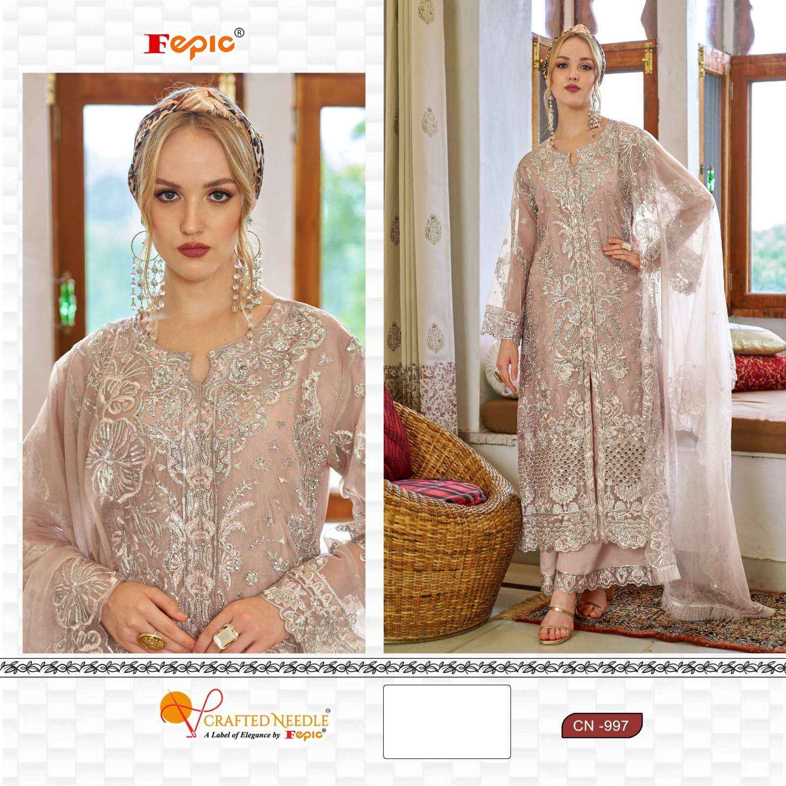 FEPIC CRAFTED NEEDLE CN 997 ORGANZA HEAVY EMBROIDERED SALWAR SUIT WHOLESALE PRICE ( 3 PCS CATALOG )