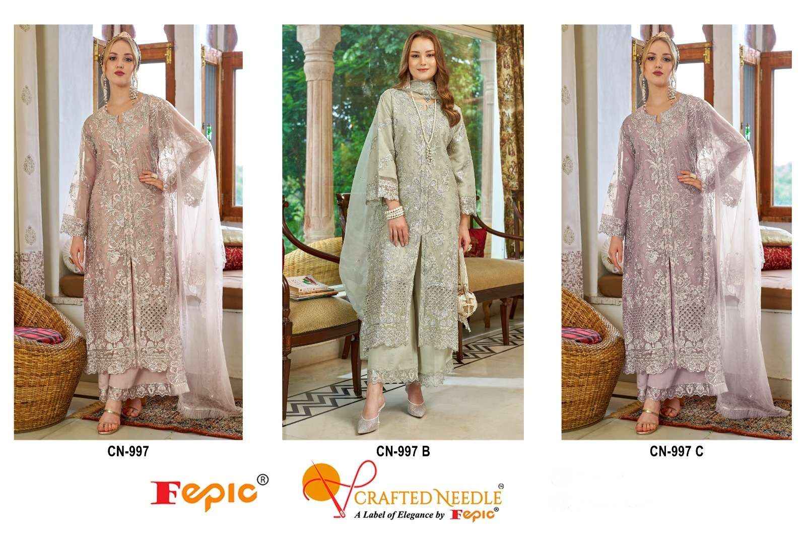 FEPIC CRAFTED NEEDLE CN 997 ORGANZA HEAVY EMBROIDERED SALWAR SUIT WHOLESALE PRICE ( 3 PCS CATALOG )