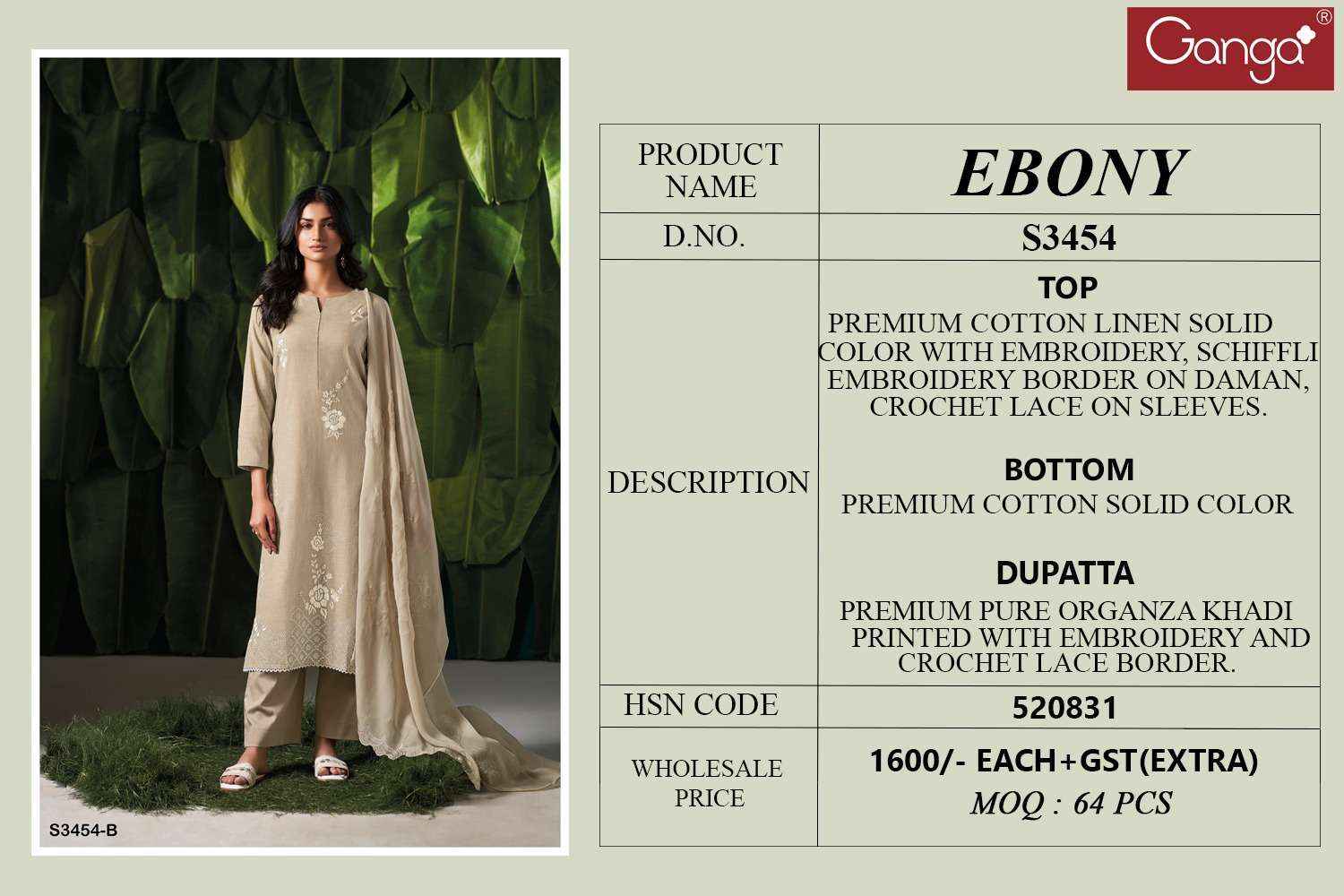 GANGA EBONY 3454 COTTON EMBROIDERY WORK LADIES SUIT WHOLESALE PRICE ( 2 PCS CATALOG )