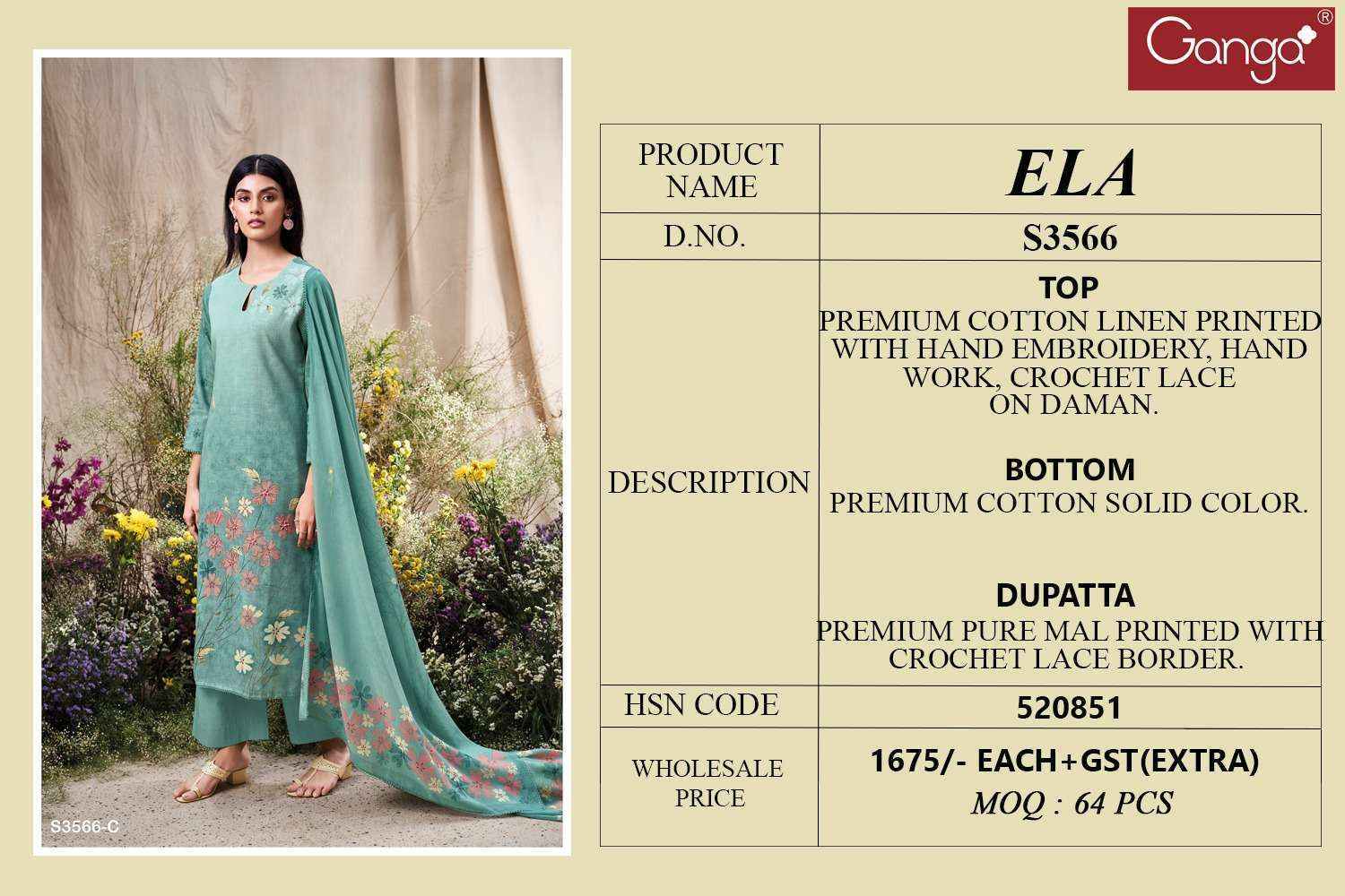 Ganga Ela 3566 Linen Cotton Salwar Kameez Wholesale Rate ( 4 Pcs Catalog )