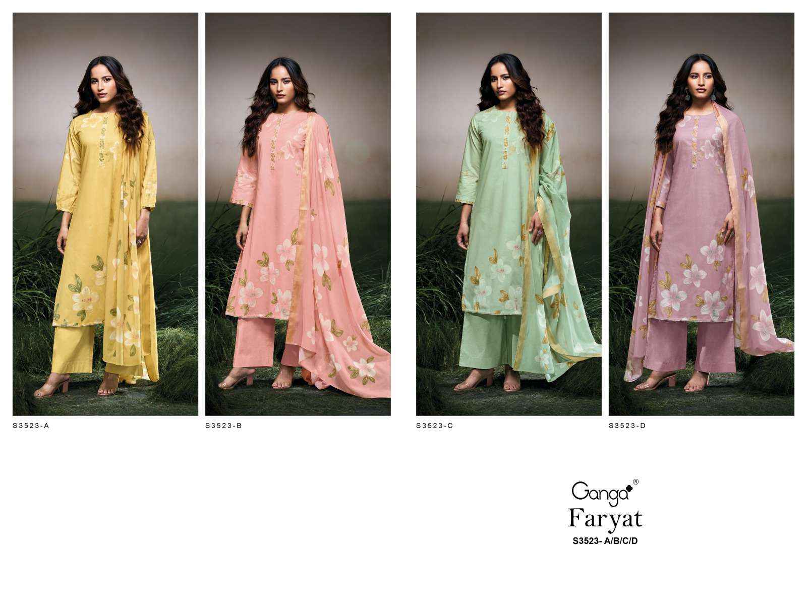 GANGA FARYAT 3523 COTTON PRINTED WITH DESIGNER SUIT WHOLESALE PRICE ( 4 PCS CATALOG )