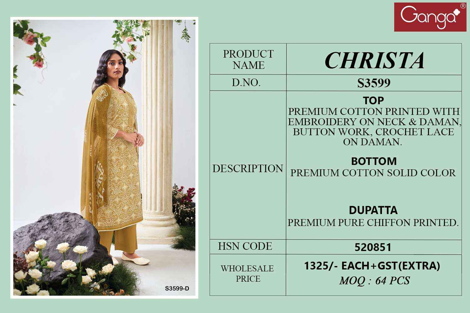 Ganga Fashion Christa 3599 Pure Cotton Fancy Ladies Dress Salwar Kameez Wholesale Rate ( 4 Pcs Catalog )