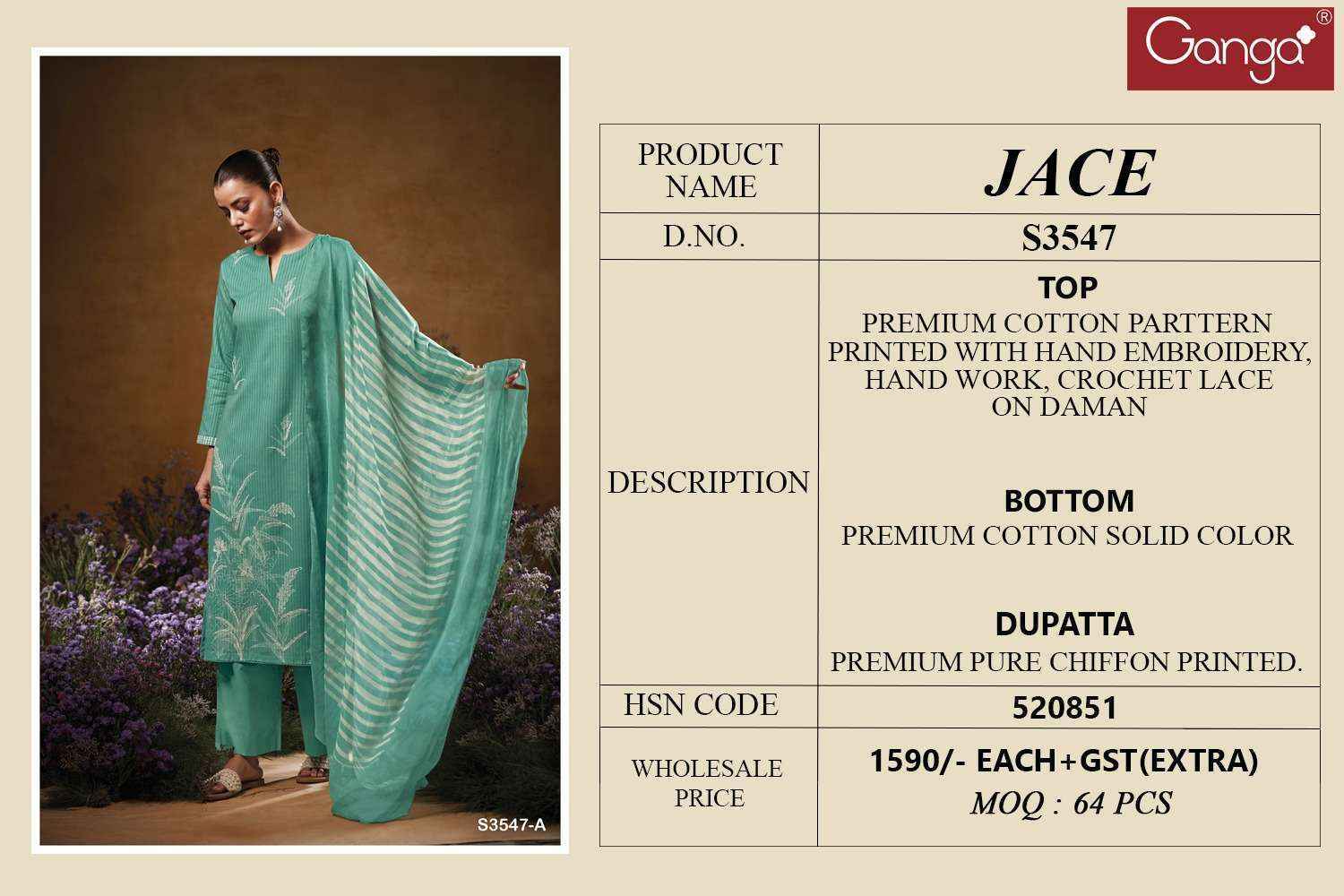 Ganga Jace 3547 Cotton Salwar Kameez Wholesale Rate ( 4 Pcs Catalog )