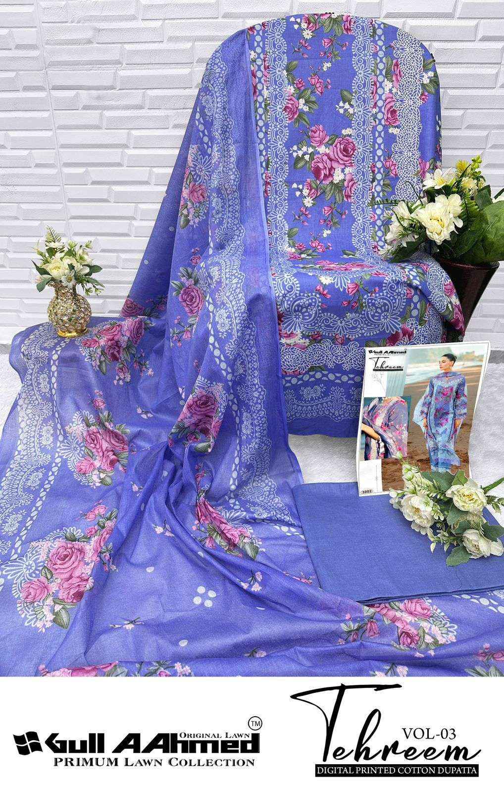 GULL AAHMED TEHREEM VOL 3 LAWN COTTON DIGITAL PRINT SALWAR KAMEEZ WHOLESALE RATE ( 6 PCS CATALOG )