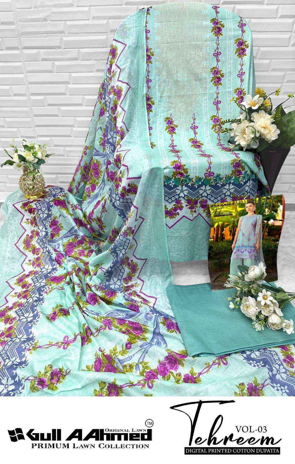 GULL AAHMED TEHREEM VOL 3 LAWN COTTON DIGITAL PRINT SALWAR KAMEEZ WHOLESALE RATE ( 6 PCS CATALOG )