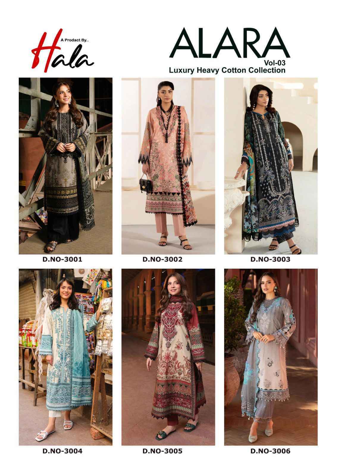 Hala Alara Vol 3 Lawn Cotton Pakistani Dress Material Wholesale Surat ( 6 pcs Catalogue )