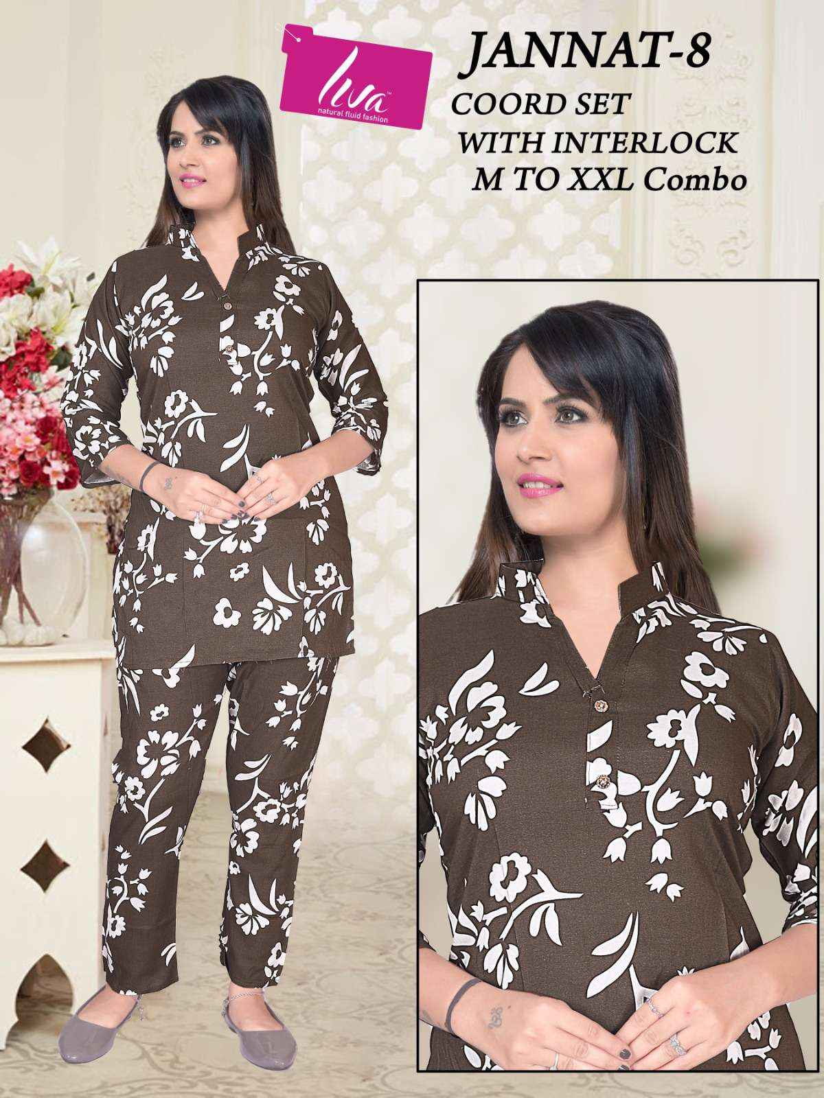 HIVA DESIGNER JANNAT VOL 8 RAYON PRINT FANCY SUMMER WEAR CO-ORD SET WHOLESALE RATE ( 4 PCS CATAOG )