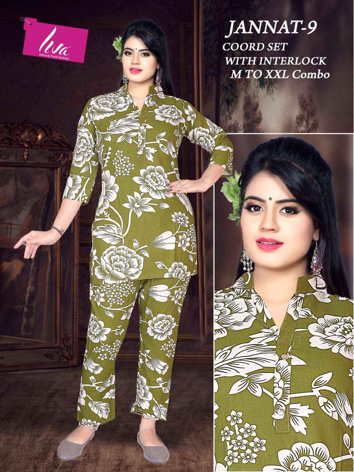 HIVA DESIGNER JANNAT VOL 8 RAYON PRINT FANCY SUMMER WEAR CO-ORD SET WHOLESALE RATE ( 4 PCS CATAOG )