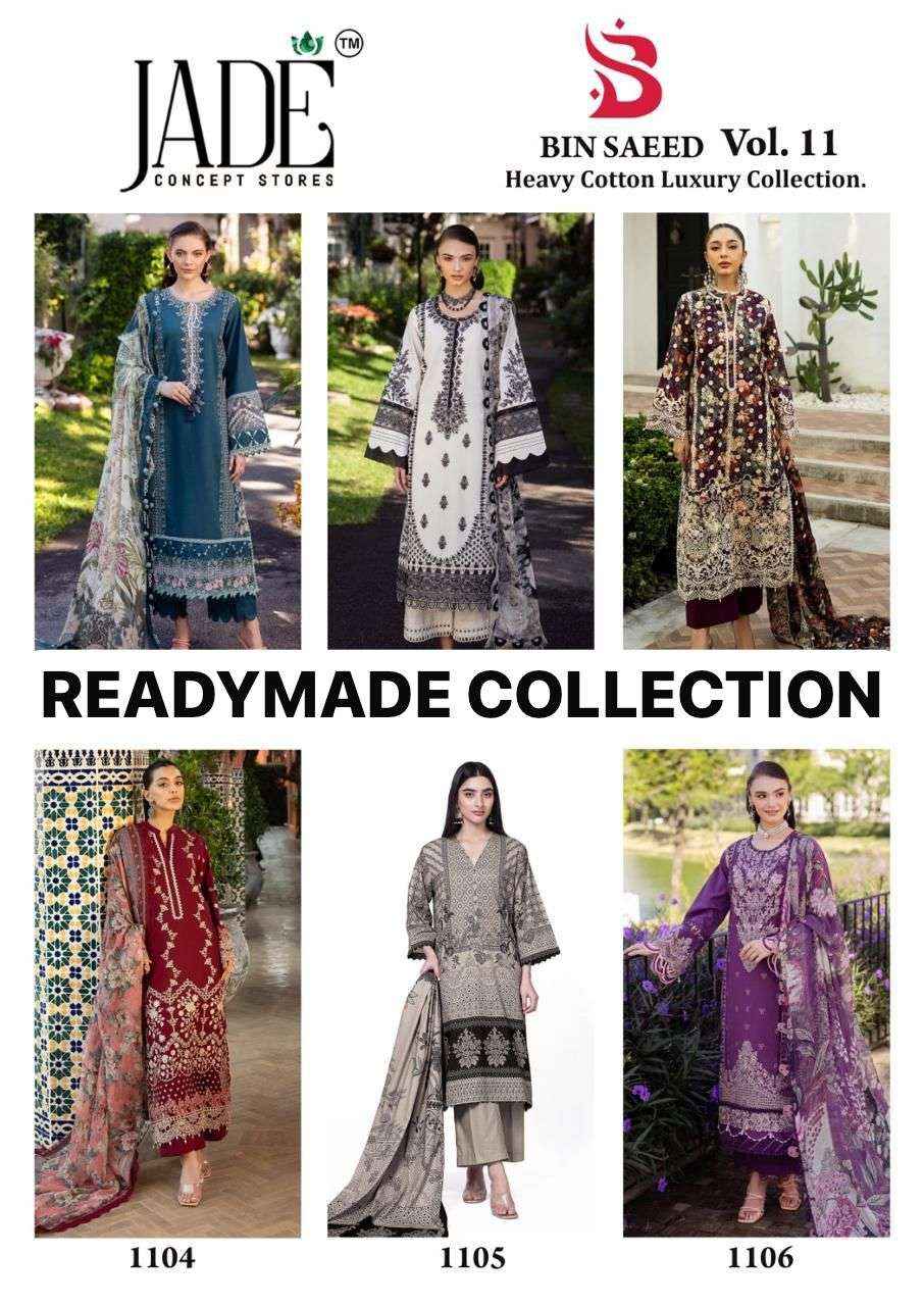 JADE BIN SAEED HEAVY COTTON LUXURY COLLECTION VOL 11 READYMADE SUIT WHOLESALE RATE ( 6 PCS CATALOG )