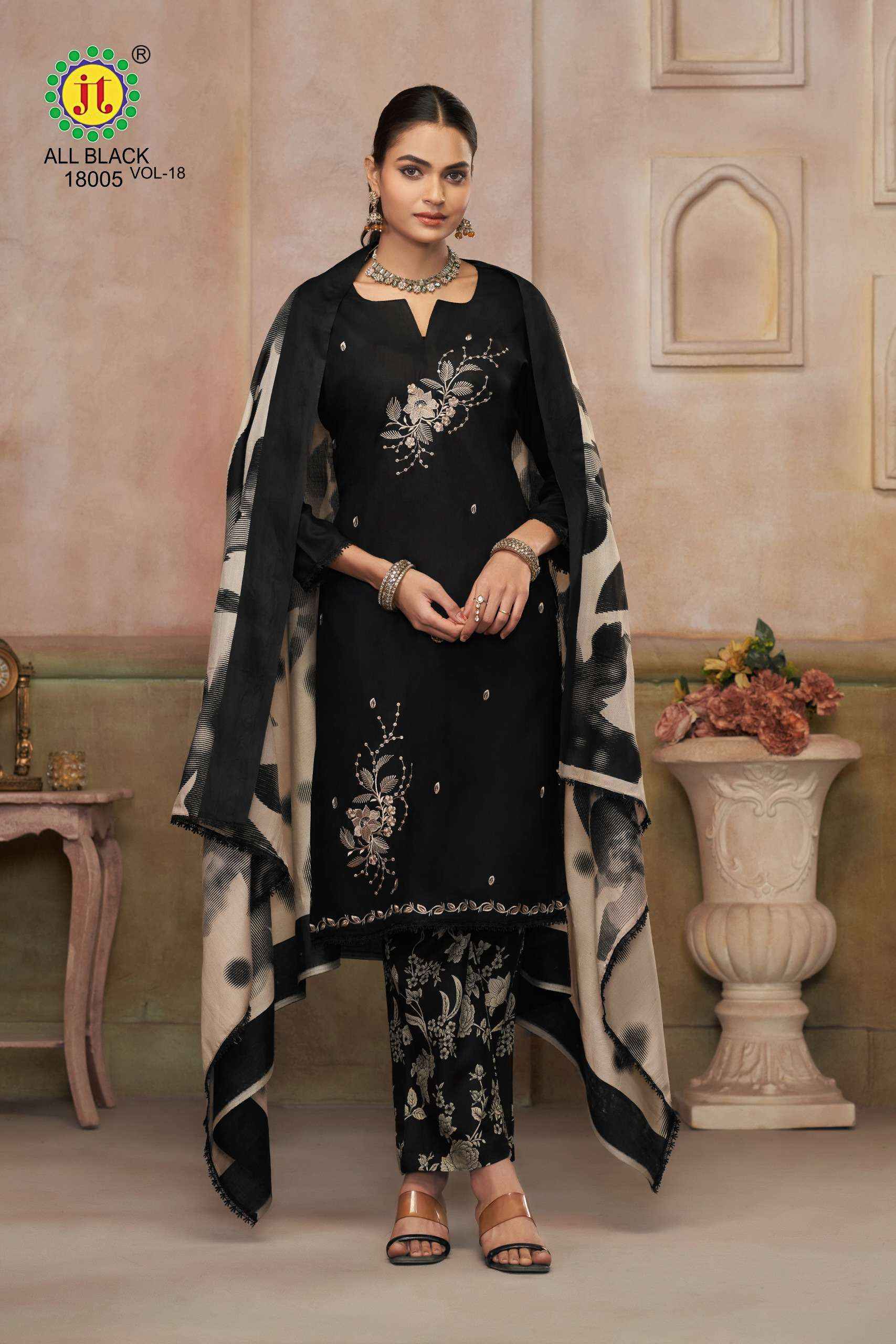 JT ALL BLACK 18 RAYON FANCY EMBROIDERY WORK SUIT WHOLESALE PRICE ( 5 PCS CATALOGUE )